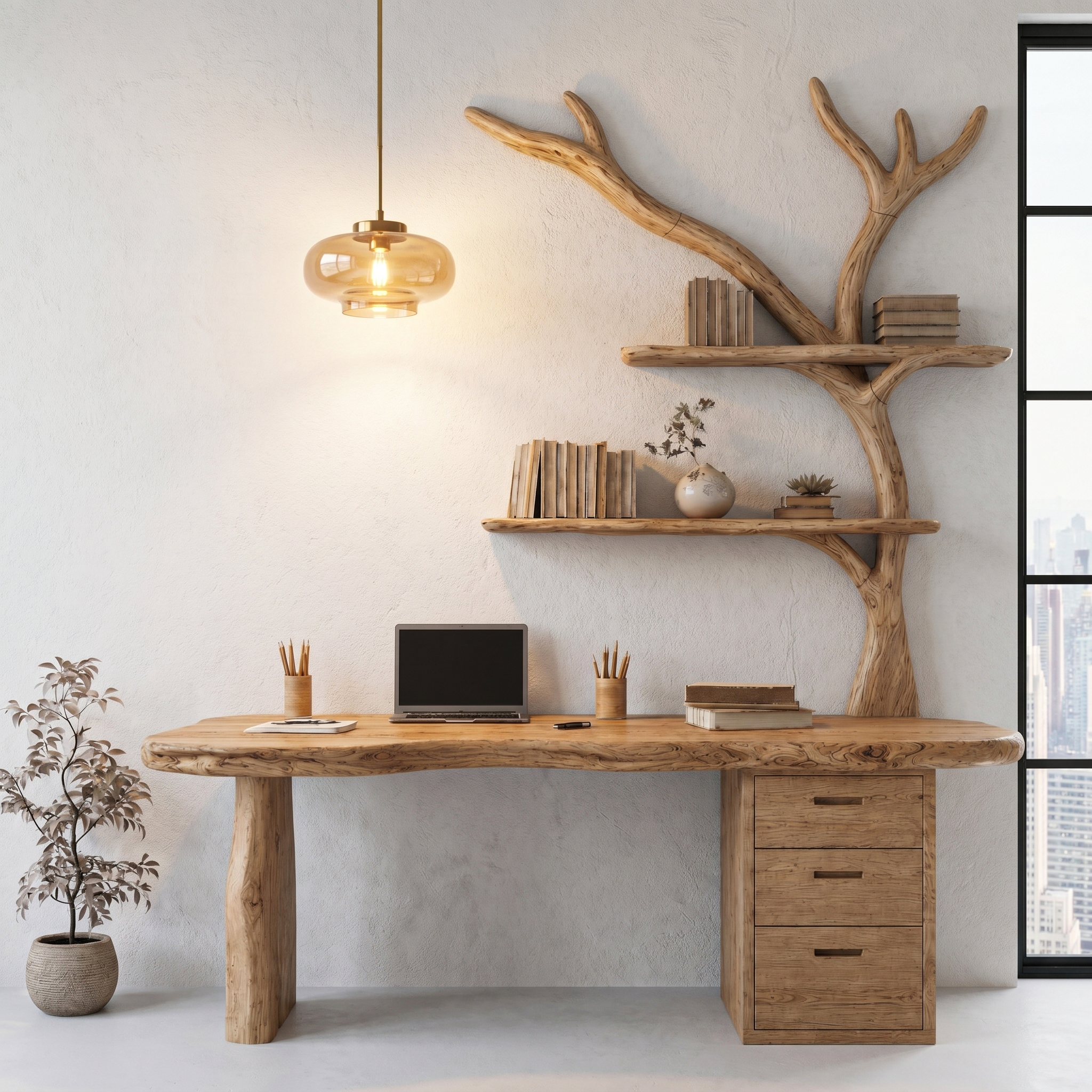 Organic Wooden Desk With Tree Branch Bookshelf And Built In Drawer Storage For Home Office And Workspace SINLHADK115