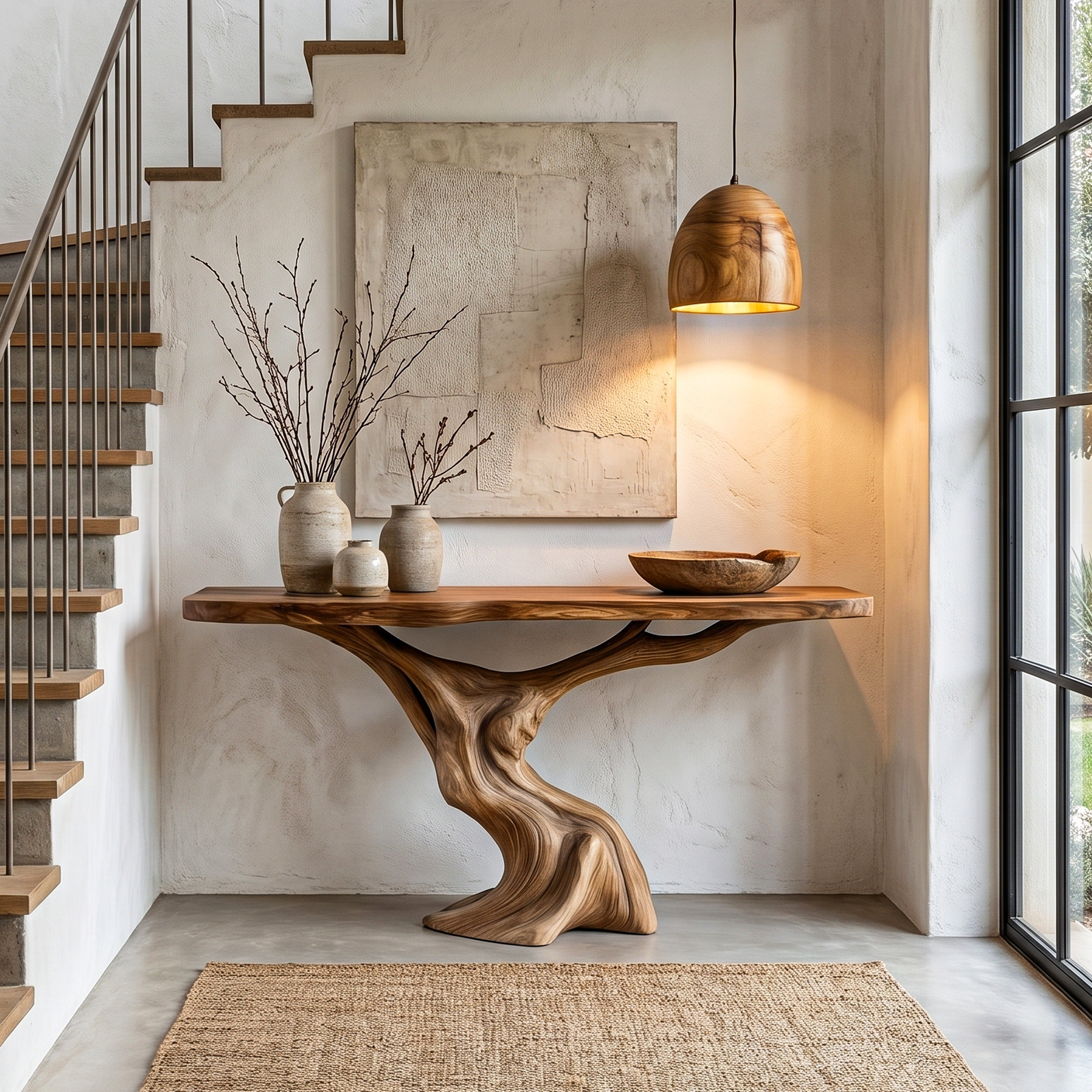 Rustic Organic Console Table With Unique Sculptural Tree Inspired Wood Base For Entryway And Living Room SINLHACS587