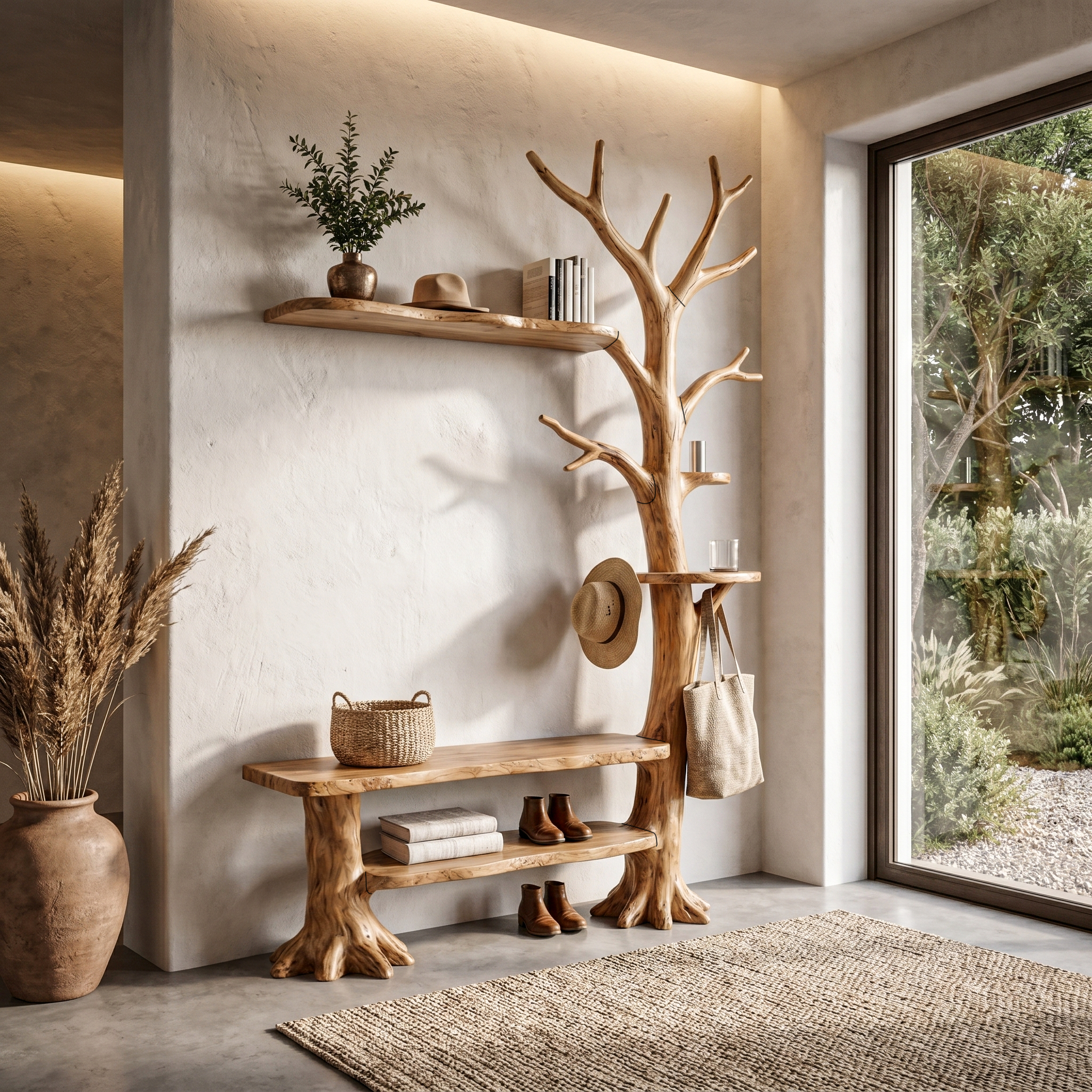 Rustic Tree Coat Rack With Integrated Bench And Floating Display Shelves For Entryway SINLHATCR118