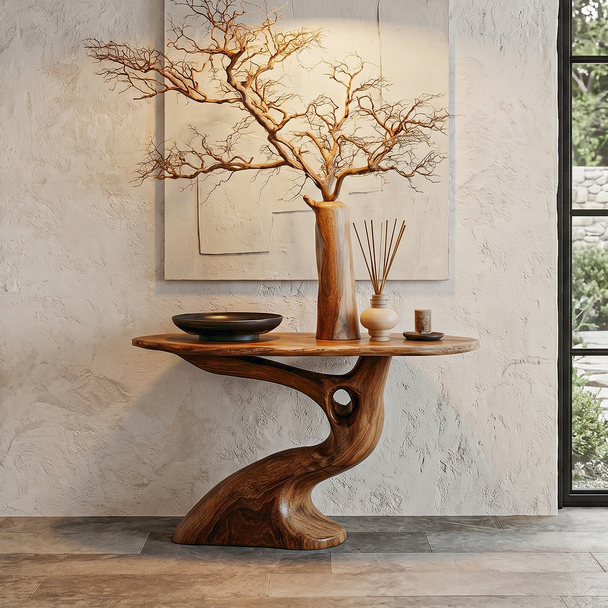 Tree Inspired Console Table With Sculptural Wood Structure For Hallway SINLHACS623