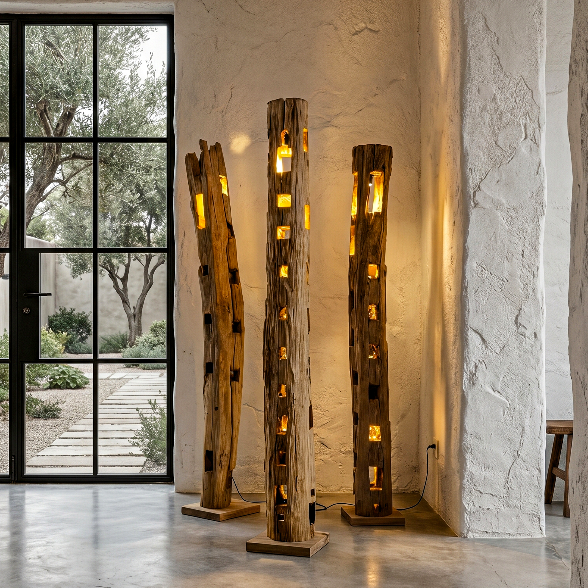 Rustic Wooden Floor Lamp With Natural Hollow Log Design For Living Room And Bedroom SINLHAFLP086