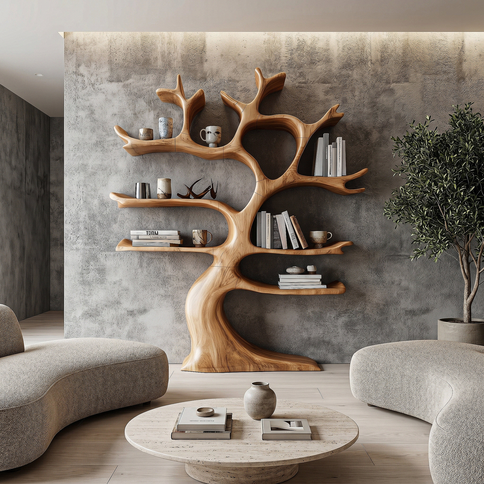 Organic Modern Tree Wall Shelf With Branch Inspired Storage For Living Room SINLHATB754