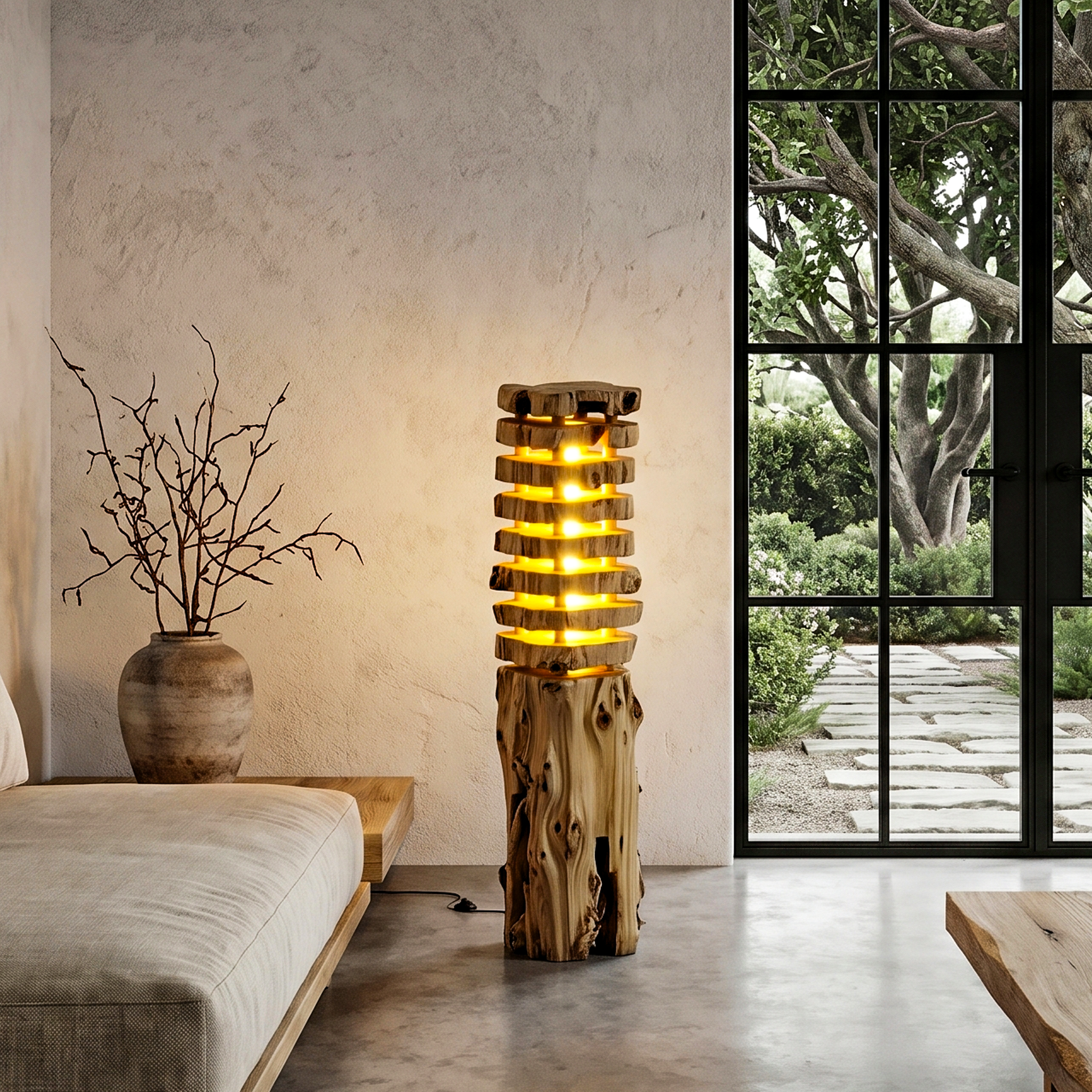 Rustic Log Floor Lamp With Sculptural Wooden Base For Living Room And Bedroom SINLHAFLP087