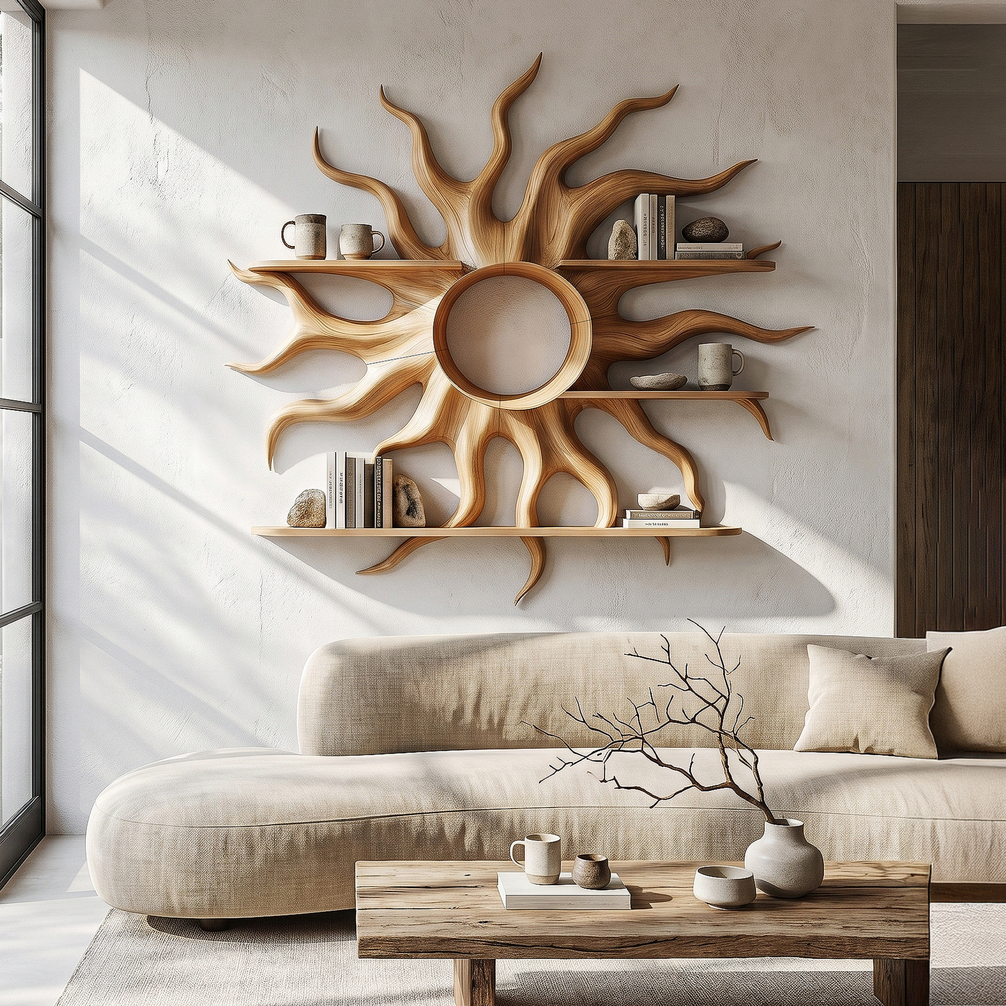 Sculptural Sun Wall Shelf With Floating Shelf For Home Decor SINLHAFL547