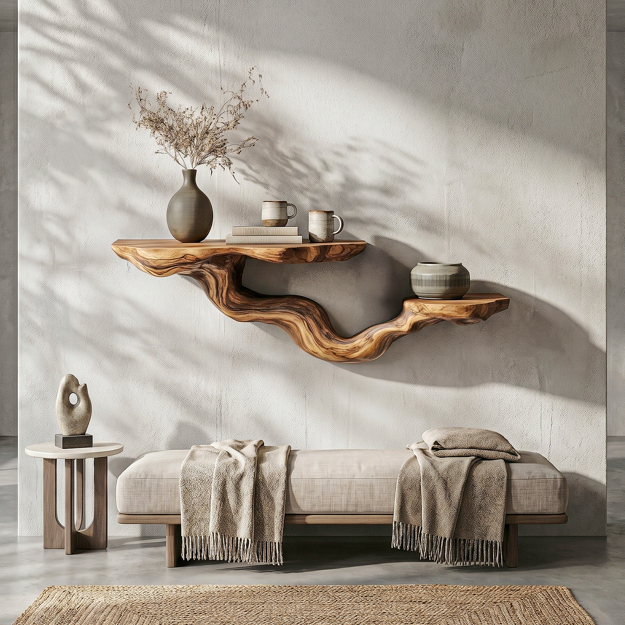 Rustic Floating Shelf With Sculptural Tree Branch Form For Home Decor SINLHAFL549