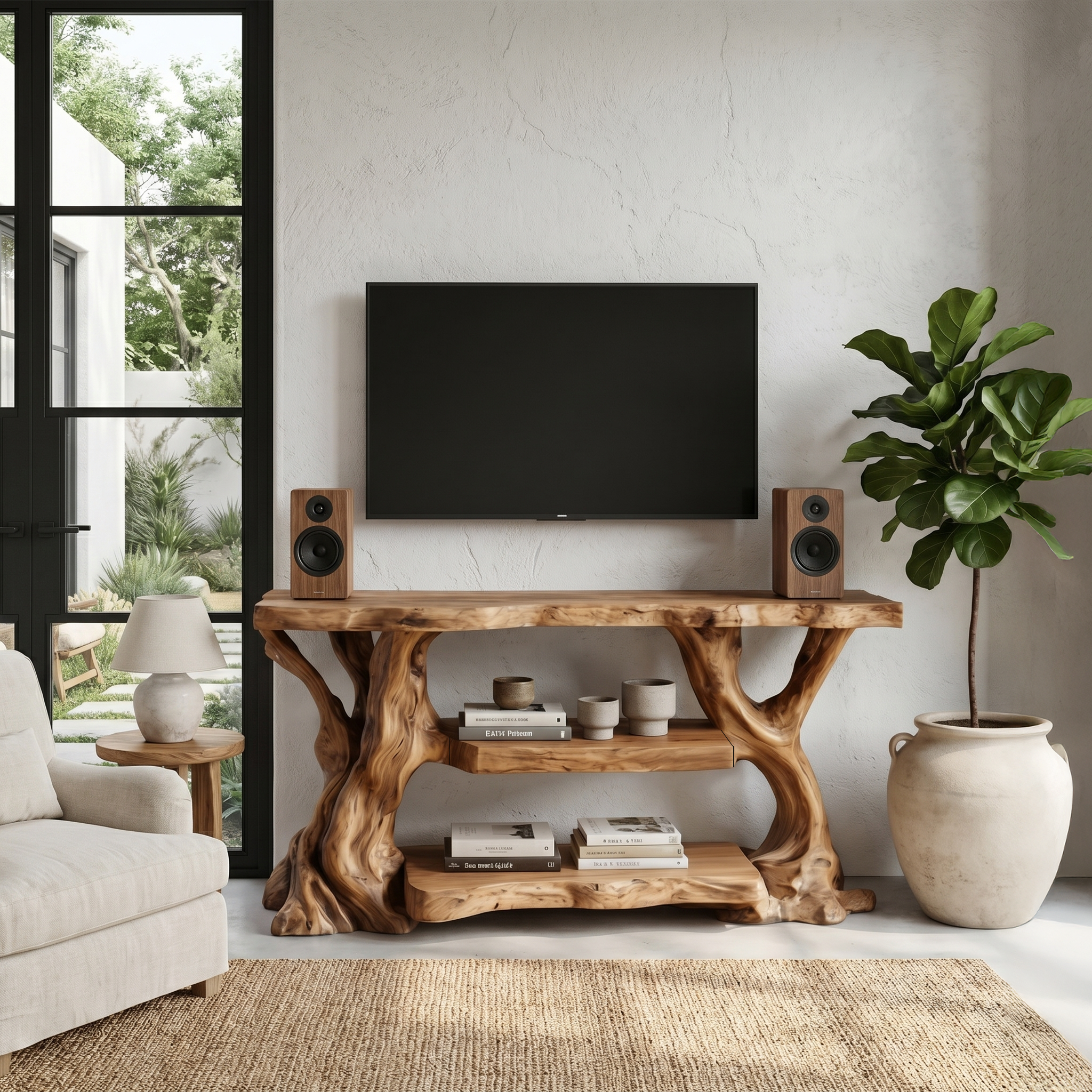 Rustic TV Stand With Natural Wood Sculptural Frame For Living Room SINLHATC066