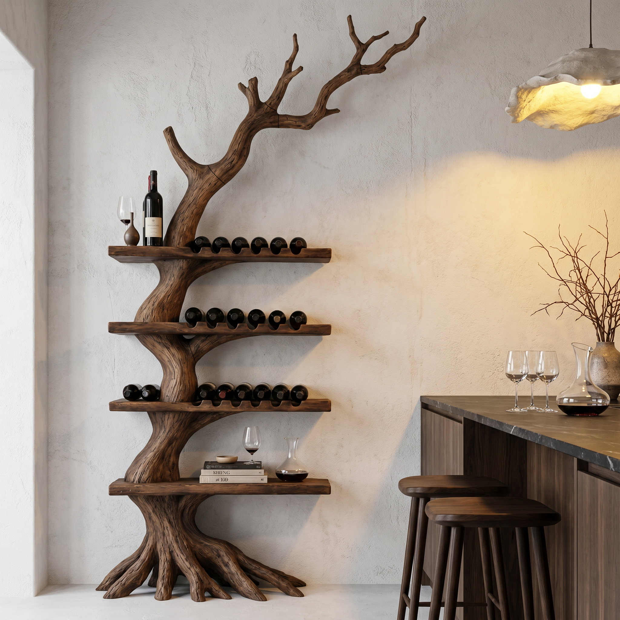 Rustic Tree Wine Rack With Solid Wood Shelves And Branch Inspired Wall Mounted Design For Dining Room SINLHAWR034