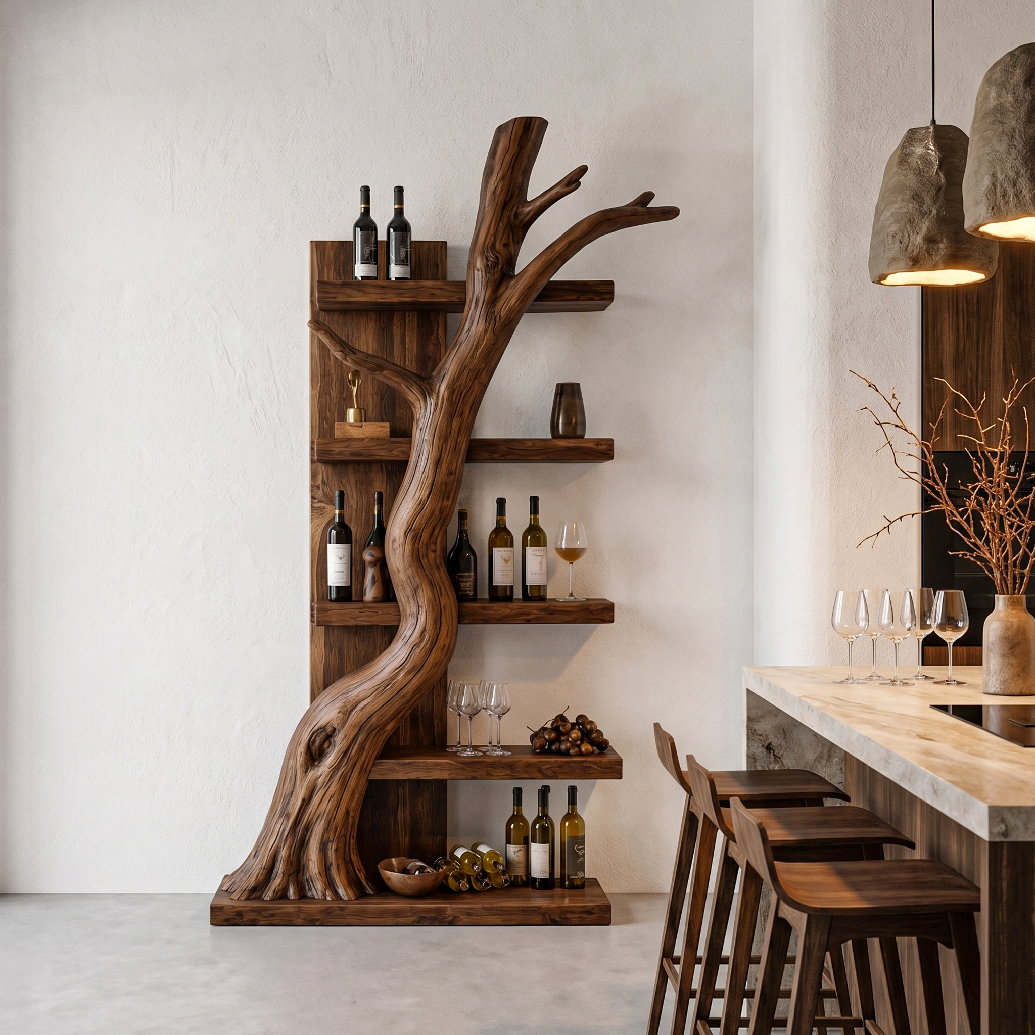 Rustic Tree Wine Rack With Solid Wood Shelves And Sculptural Root Base For Home Bar SINLHAWR035