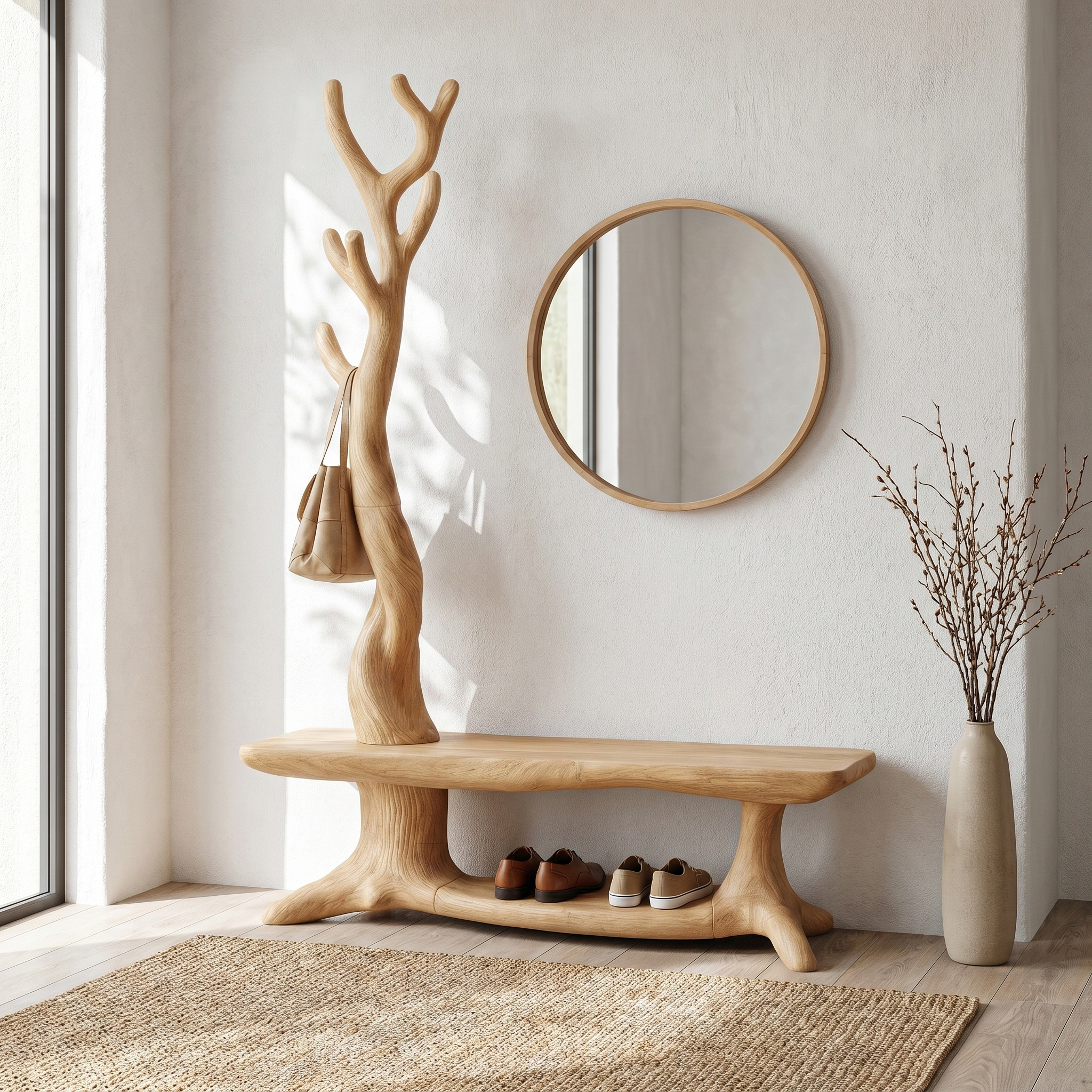 Rustic Shoe Storage Bench With Branch Coat Rack For Entryway SINLHASB091