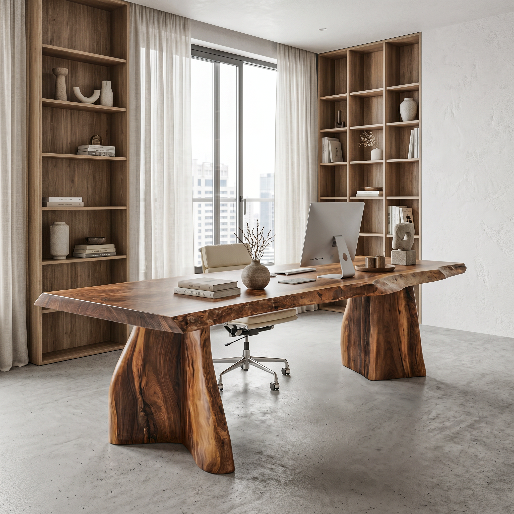 Rustic Live Edge Executive Desk With Sculptural Solid Wood Base For Home Office SINLHADK118