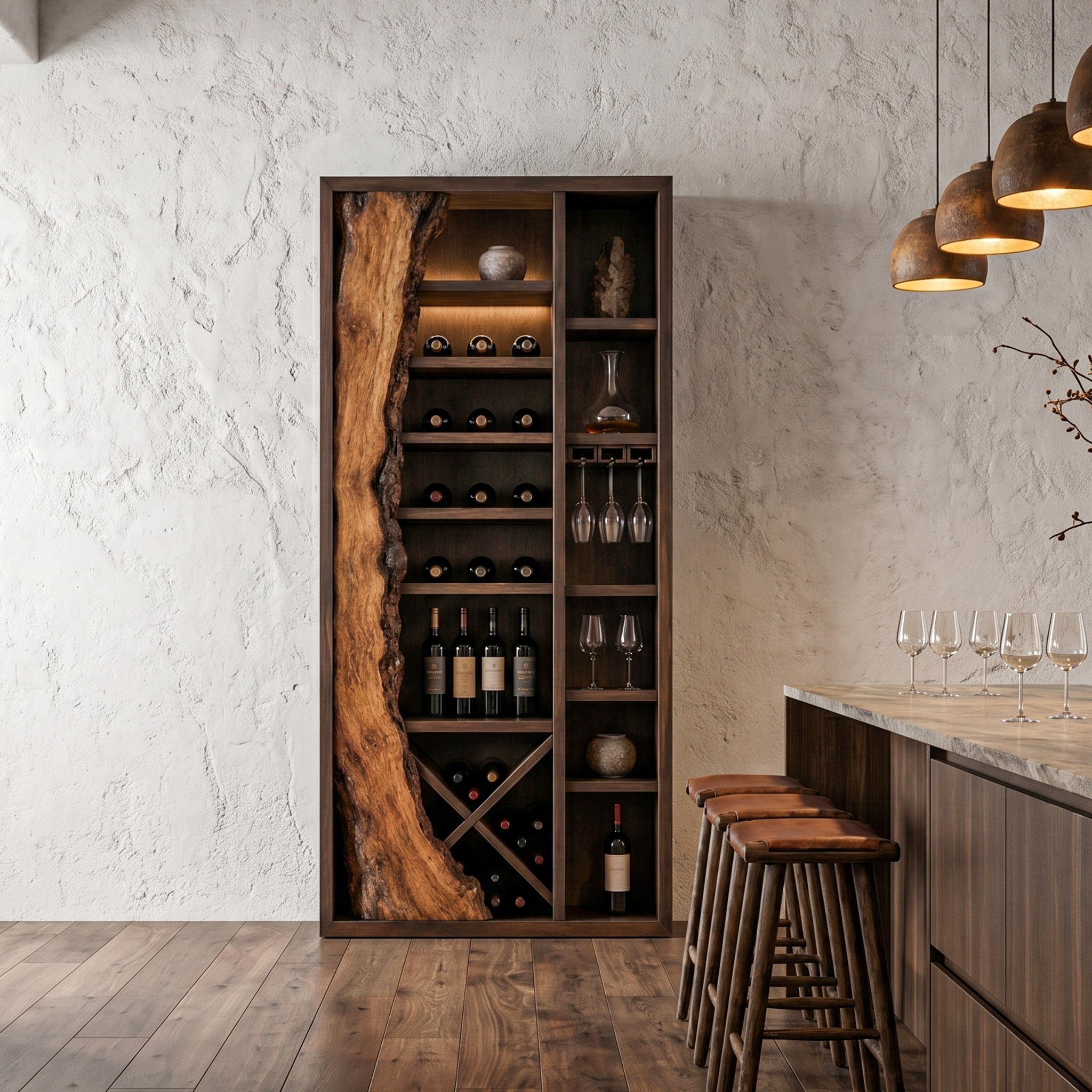 Rustic Wine Cabinet With Live Edge Wood Inlay And Built In Bottle Storage For Dining Room SINLHAWR033
