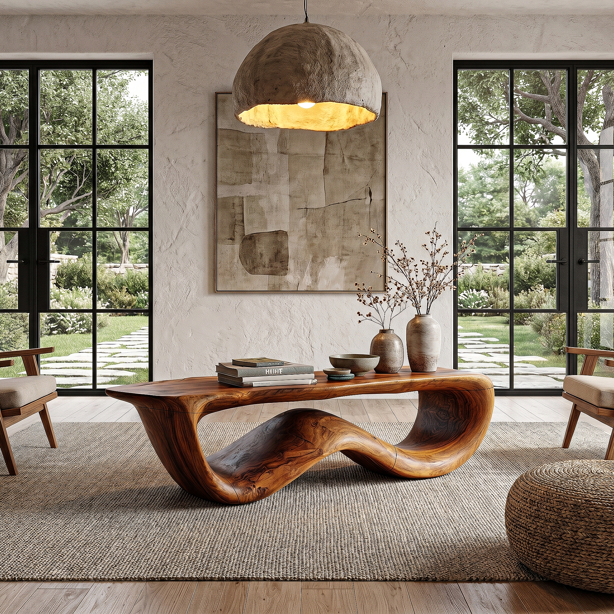 Contemporary Coffee Table With Flowing Solid Wood Silhouette For Living Room SINLHACF389