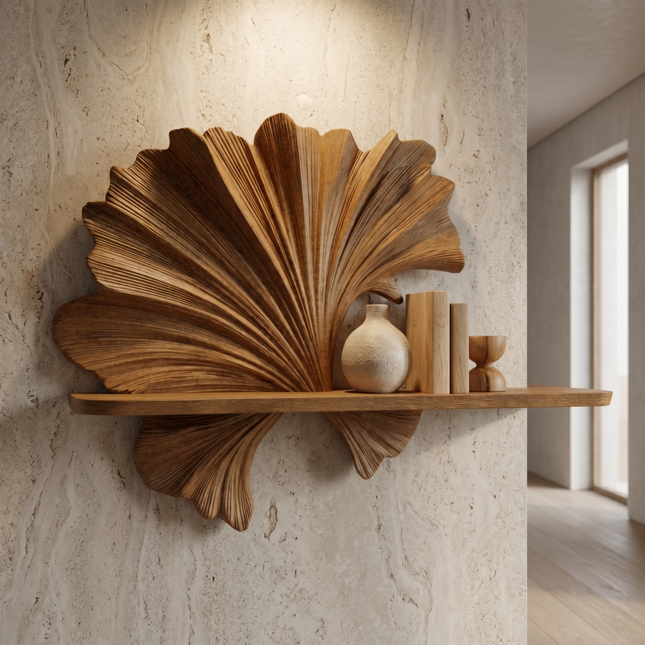 Carved Fan Shape Floating Wall Shelf For Living Room And Bedroom SINLHAFL538