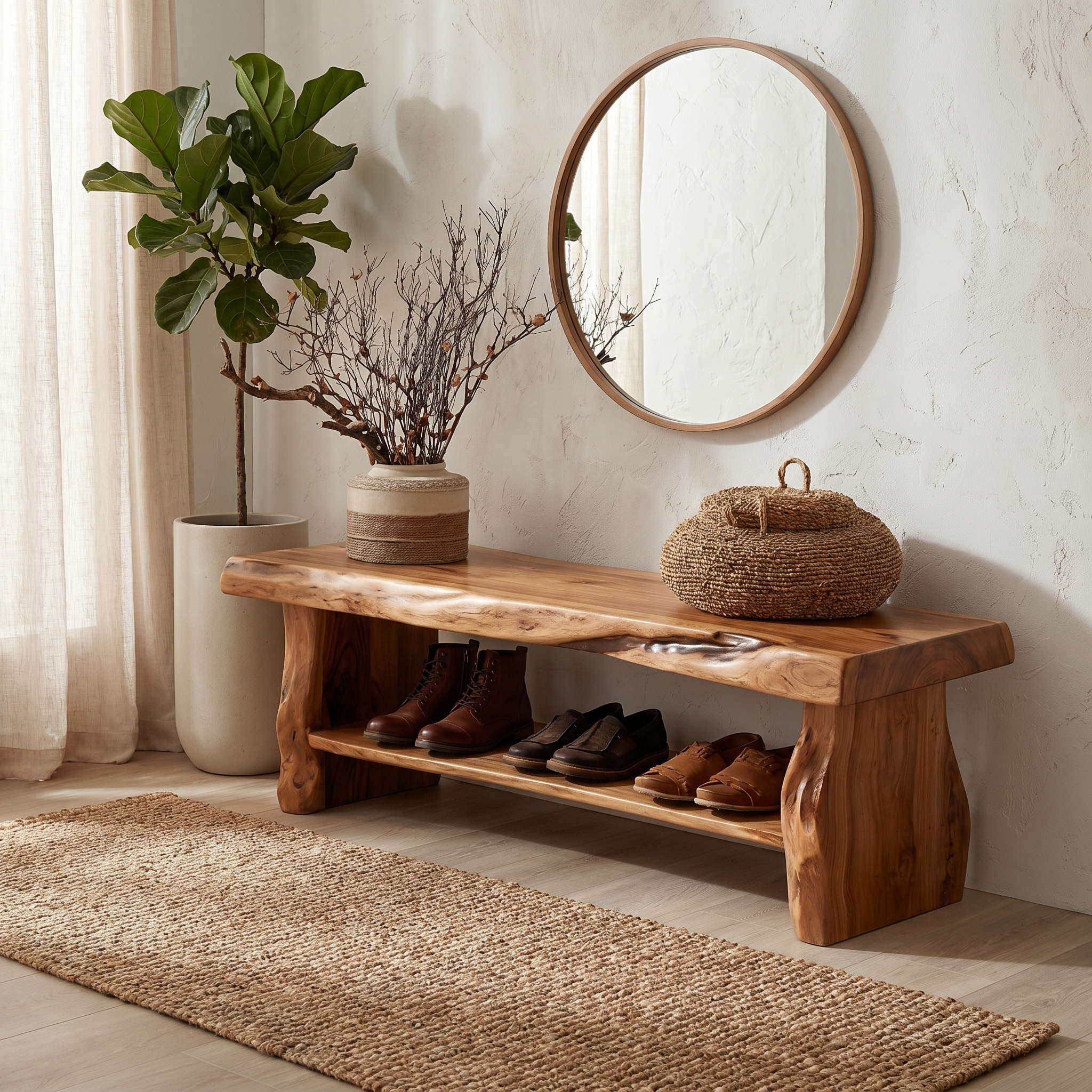 Rustic Shoe Bench Natural Wood Storage For Entryway SINLHASB096