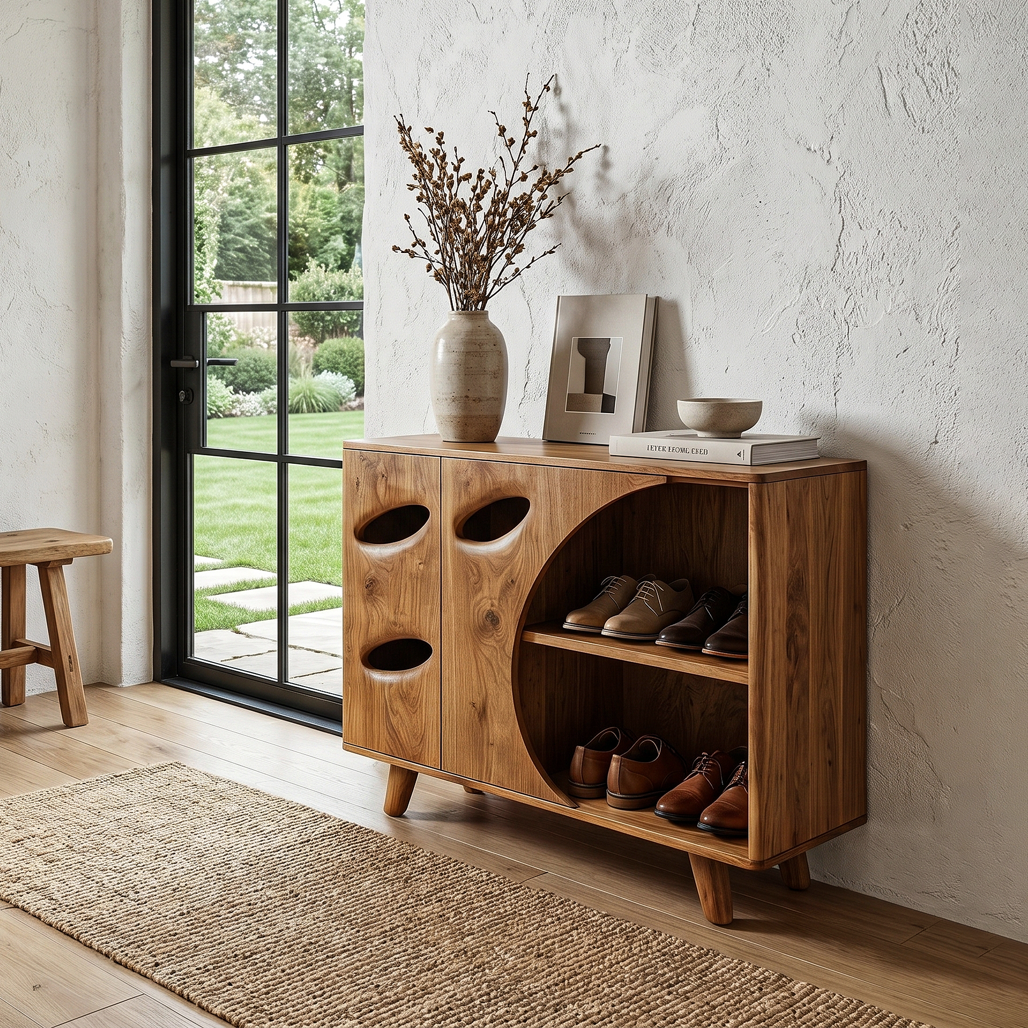 Mid Century Shoe Cabinet Organic Cutout Design For Entryway SINLHASB097
