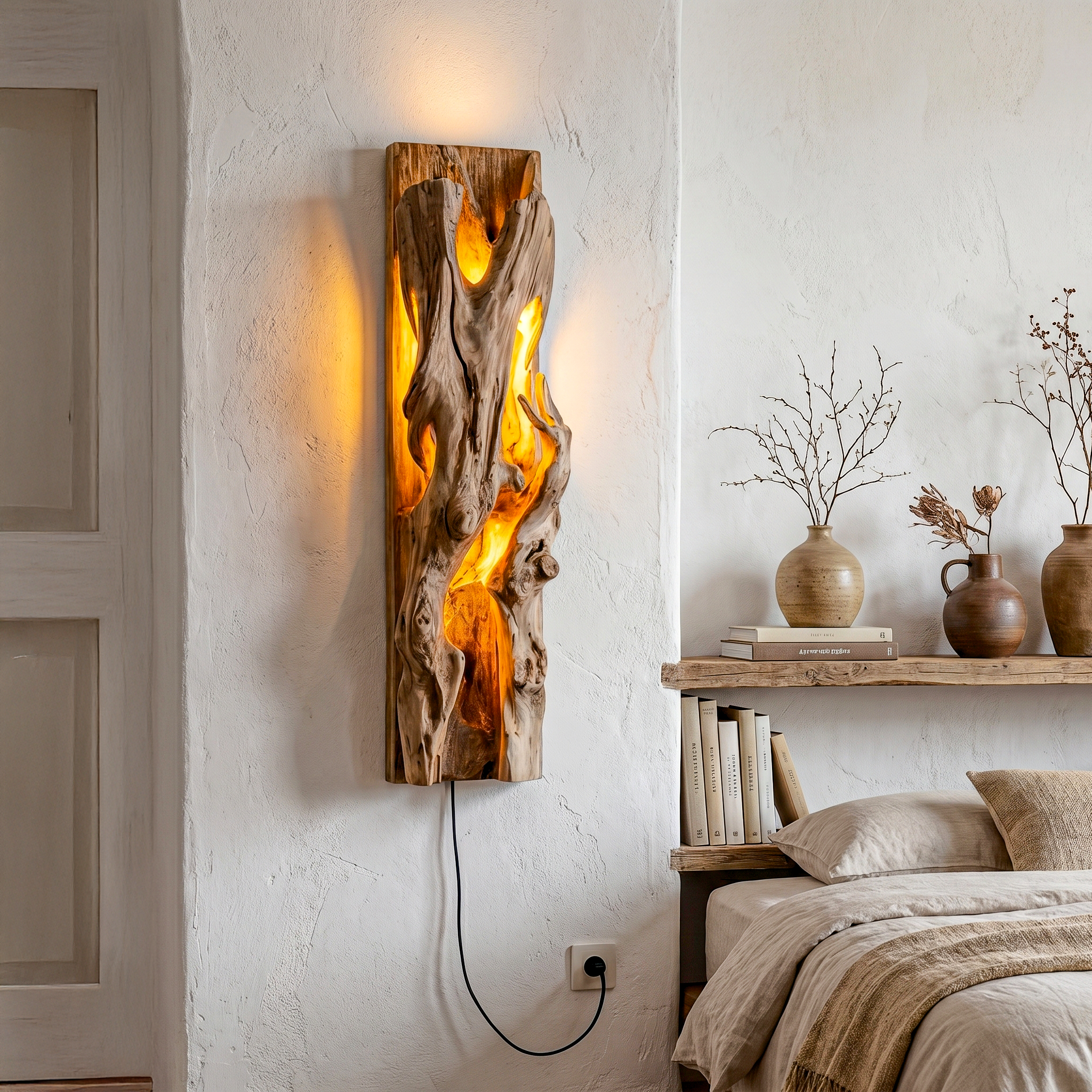 Rustic Live Edge Wall Sconce With Natural Wood Sculpture For Living Room SINLHAPL011