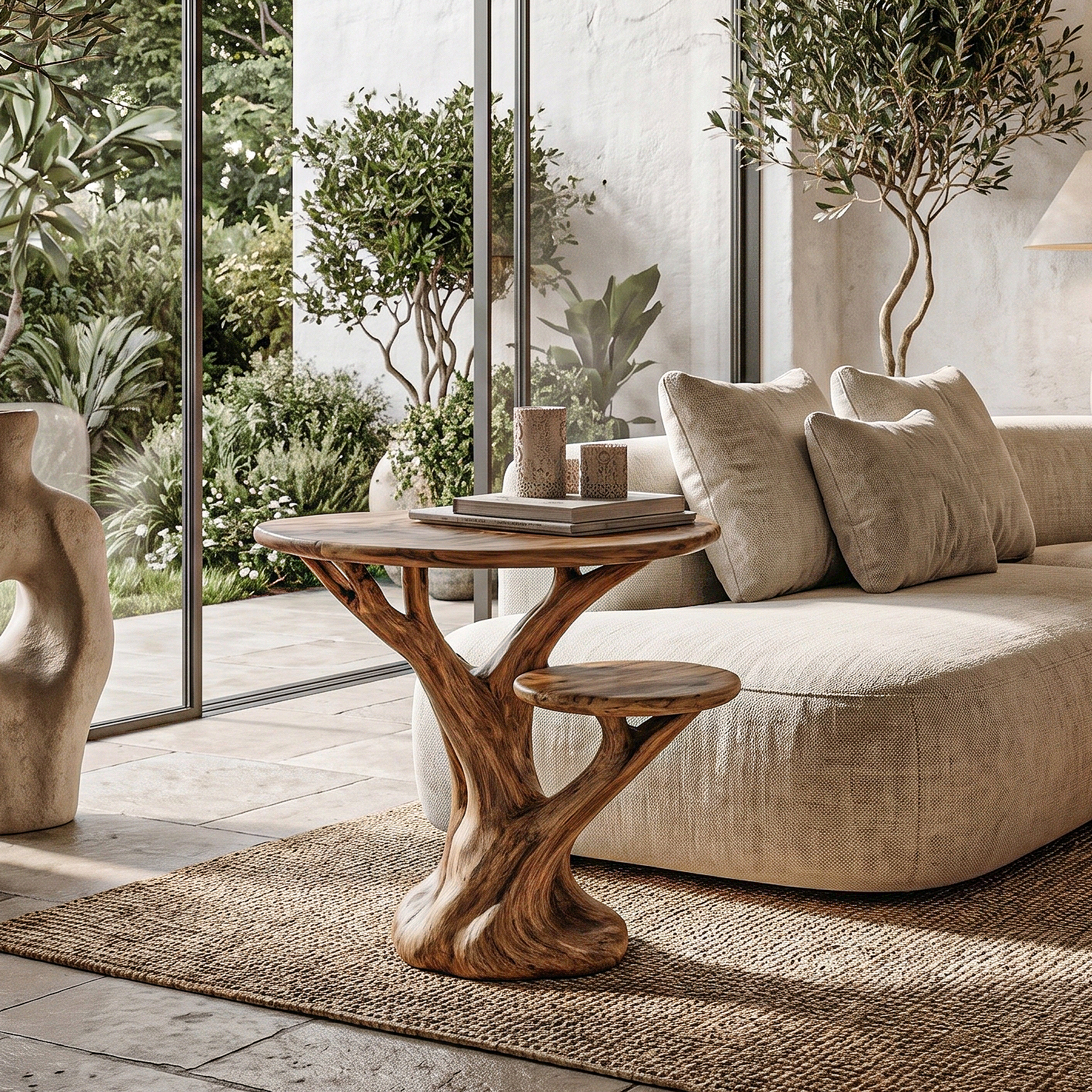 Organic Sculptural Side Table With Tree Inspired Solid Wood Base For Living Room And Bedroom SINLHABT247
