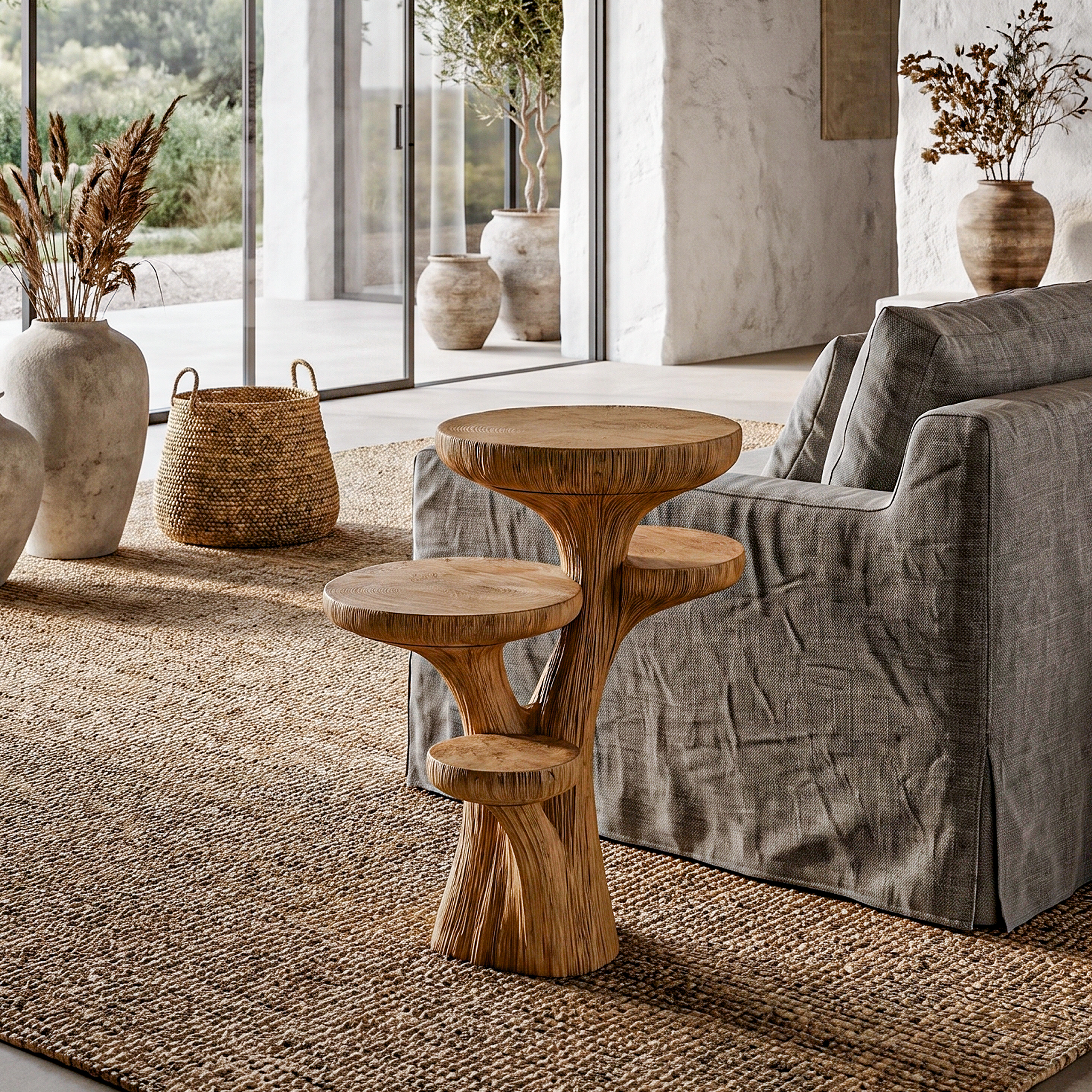 Rustic Sculptural Side Table With Handcrafted Solid Wood Pedestal Base For Living Room And Bedroom SINLHABT250