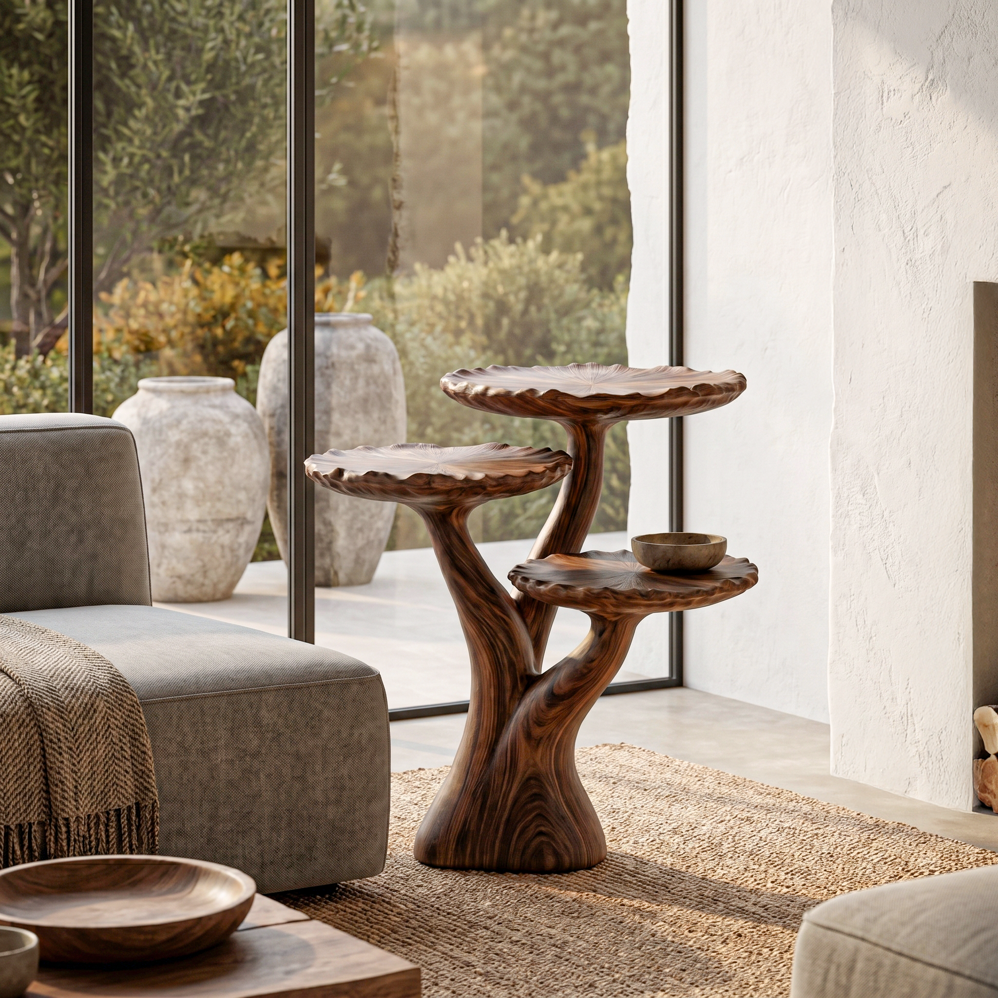 Organic Sculptural Side Table With Multi Tier Solid Wood Shelves For Living Room And Bedroom SINLHABT251