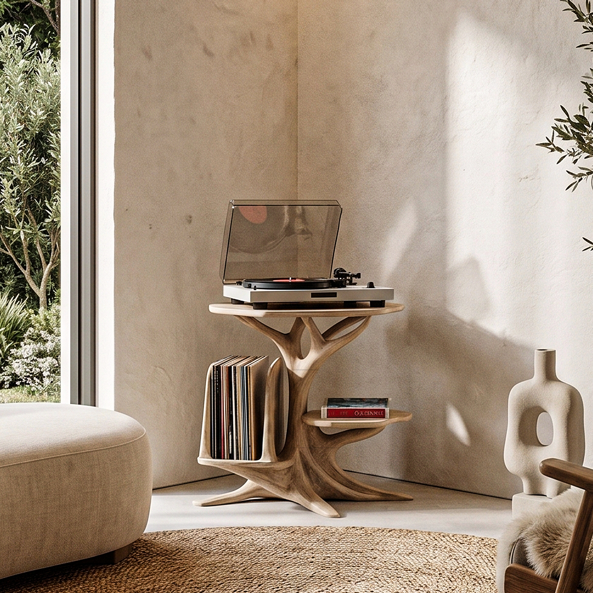 Modern Record Player Stand With Sculptural Solid Wood Base And Vinyl Storage For Living Room SINLHARPS006