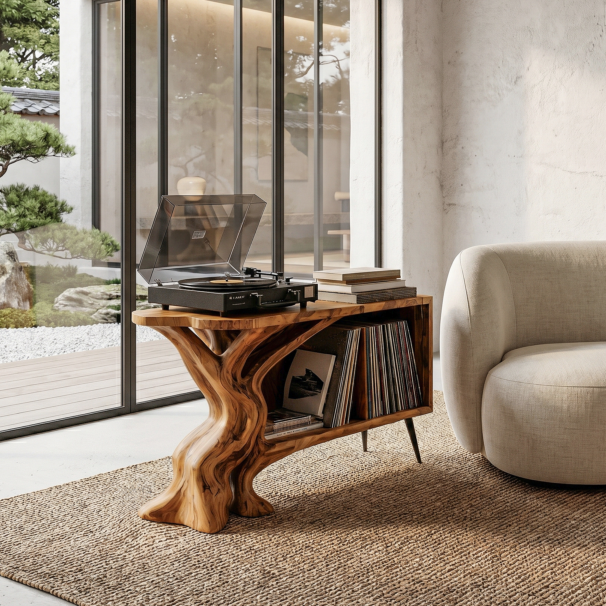 Organic Record Player Stand With Sculptural Tree Root Base And Vinyl Storage For Living Room SINLHARPS009