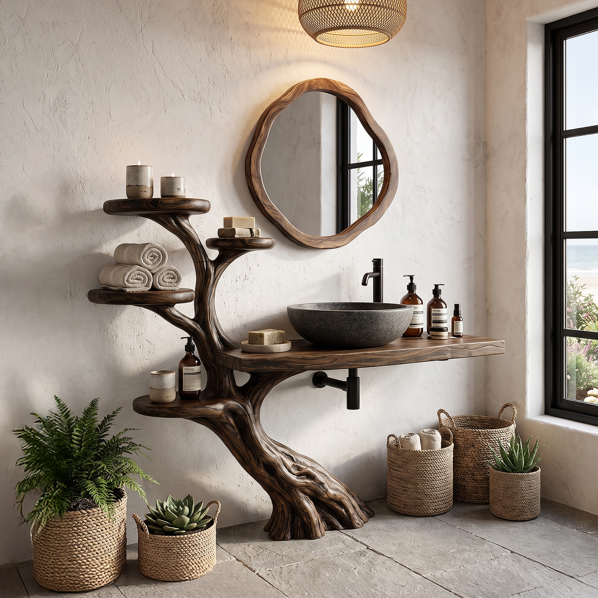 Rustic Bathroom Vanity With Sculptural Wood Structure For Bathroom SINLHABRV321