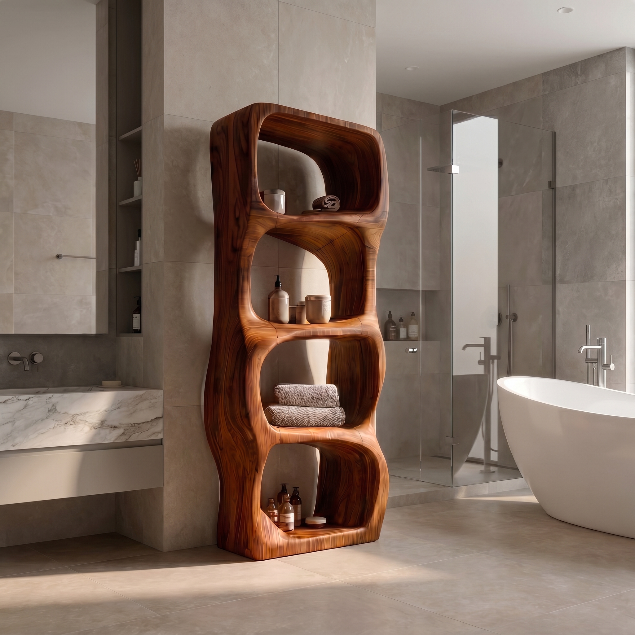 Modern Organic Bathroom Storage Cabinet With Rounded Sculptural Shelves And Open Storage For Bathroom SINLSABCT028