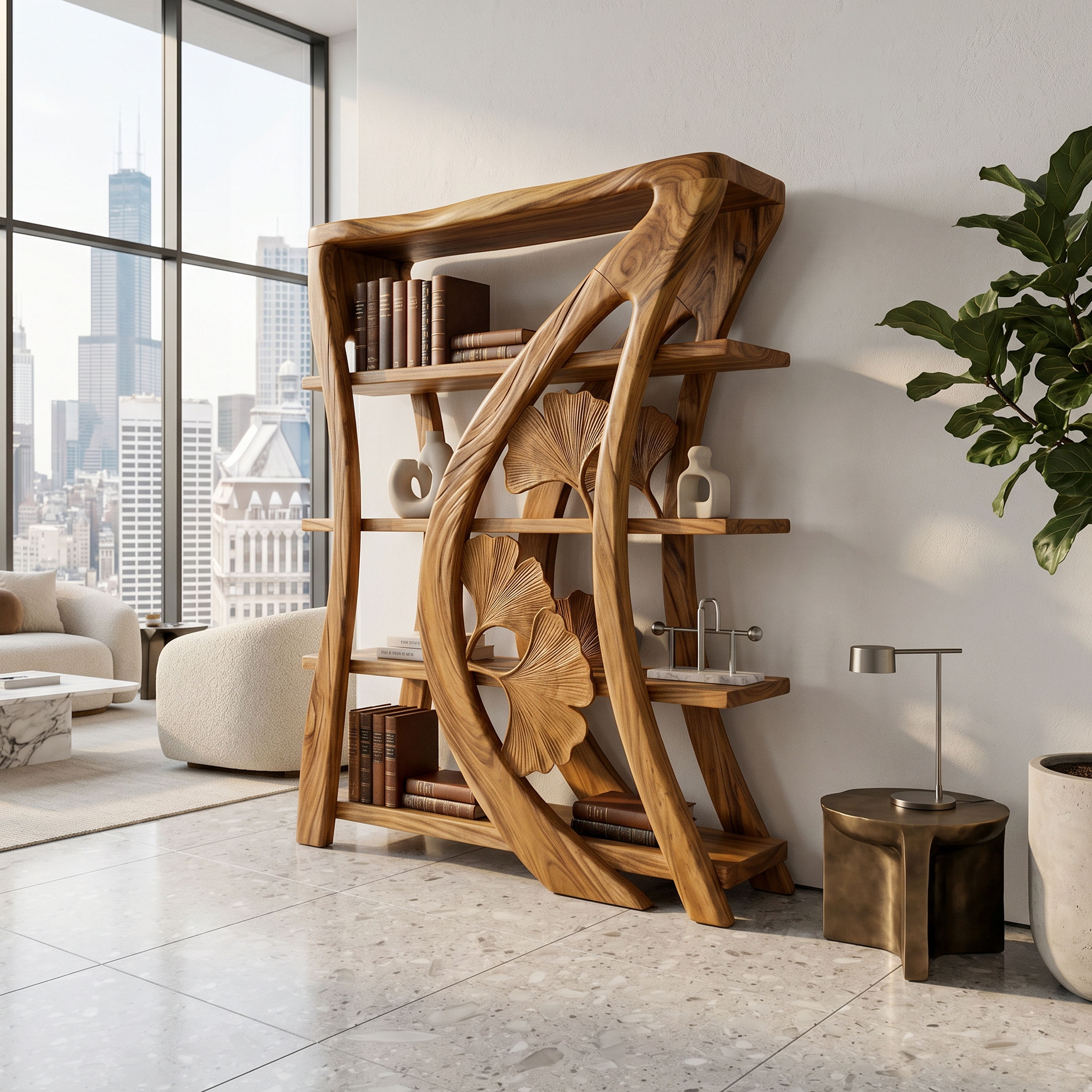 Artistic Wooden Bookcase With Botanical Sculpture Design SILDTTRBS030