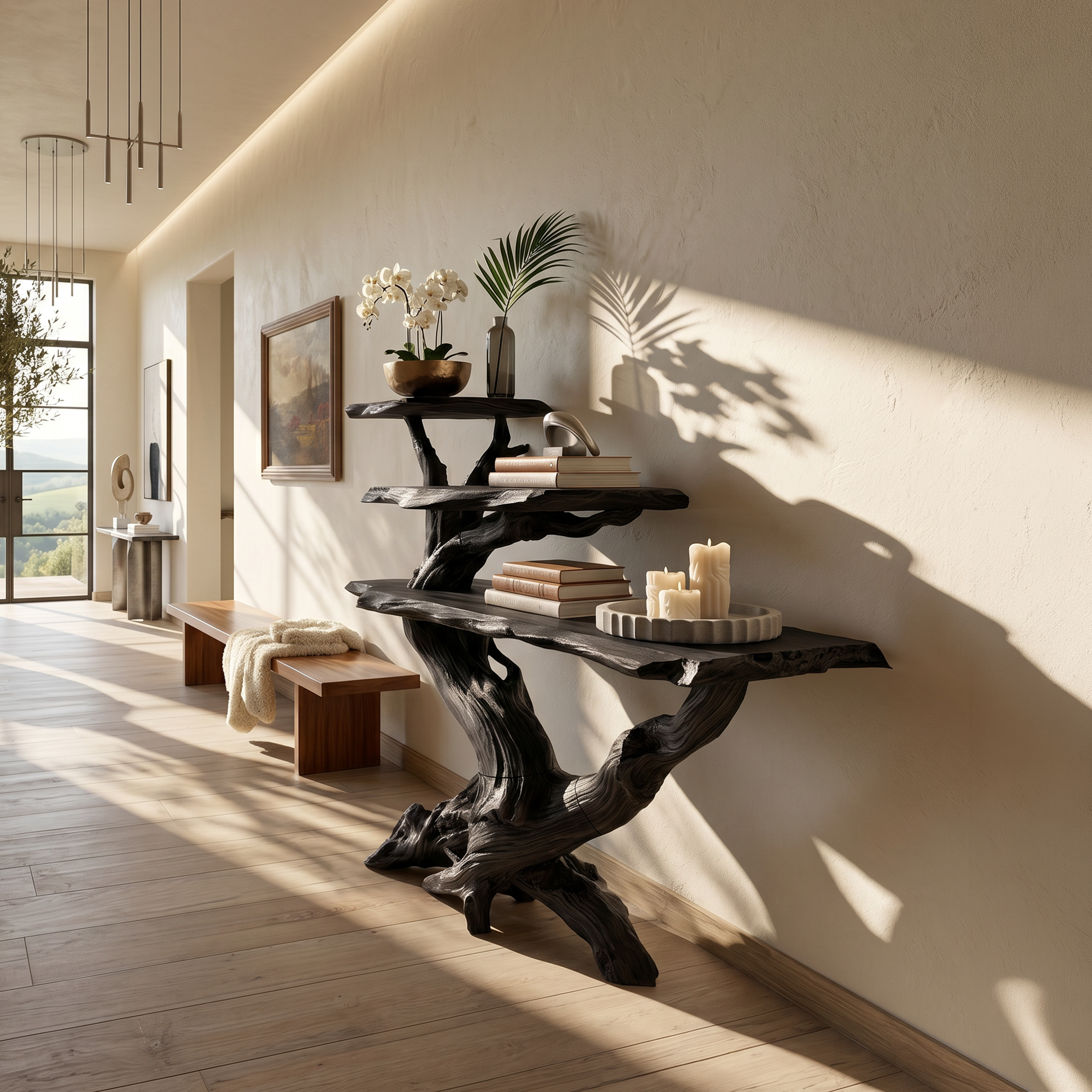 Cabin Black Driftwood Console Shelf For Stone Fireplace Room SILDTTRCS063