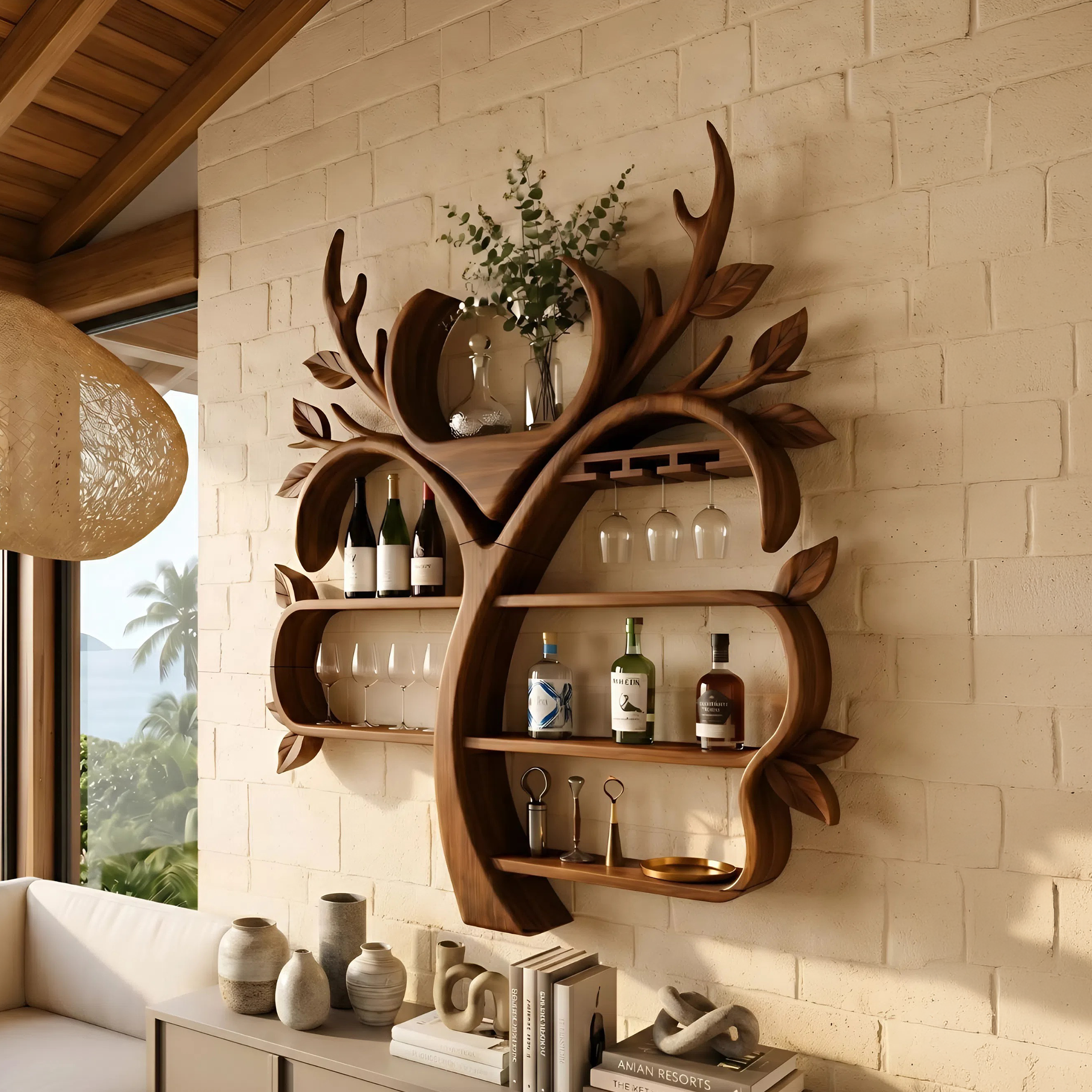 Resort Style Tree Inspired Wine Bar Shelf For Living Room SILDTTNWH052