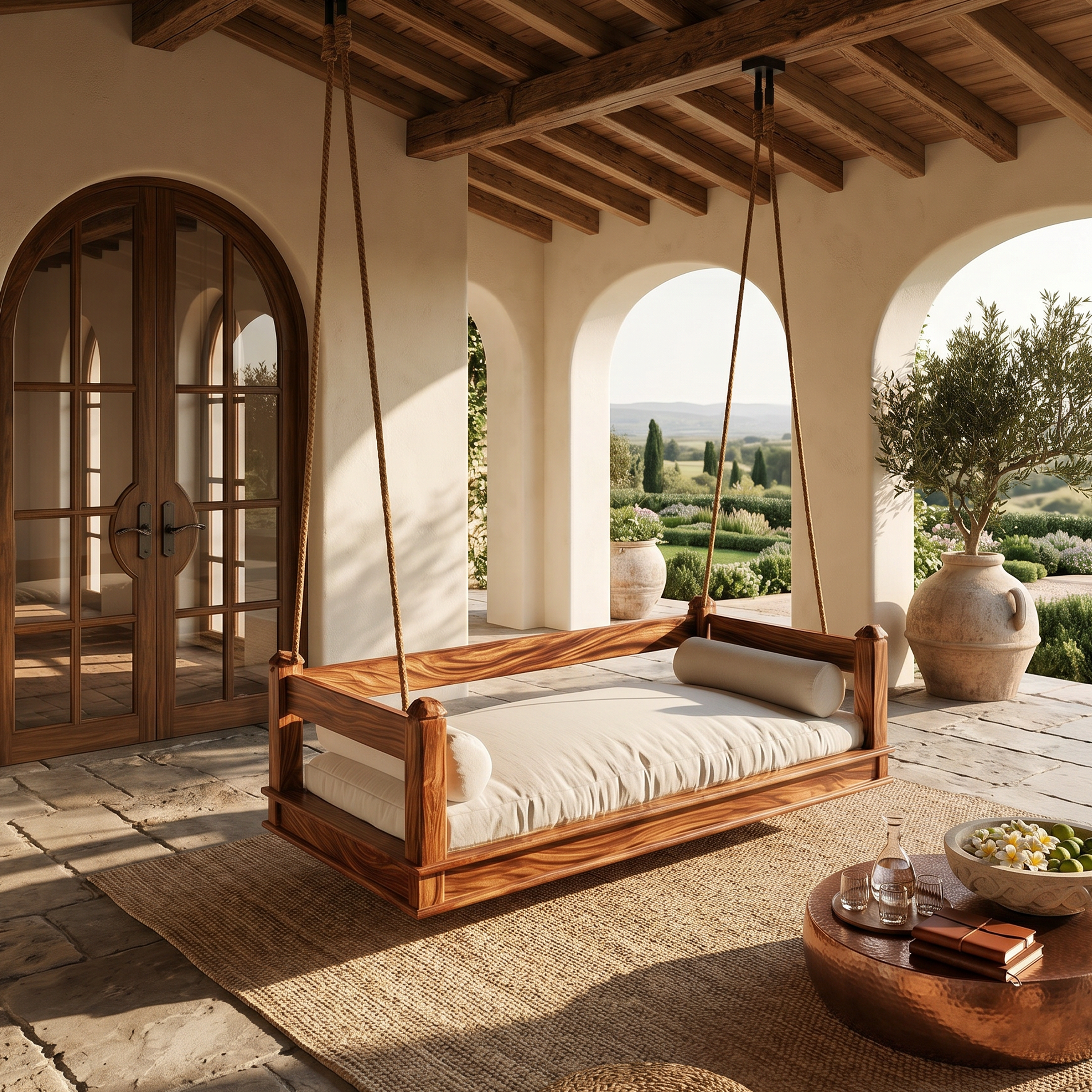 Mediterranean Wooden Hanging Daybed Swing Luxury Villa Patio SILDTTRSWI001