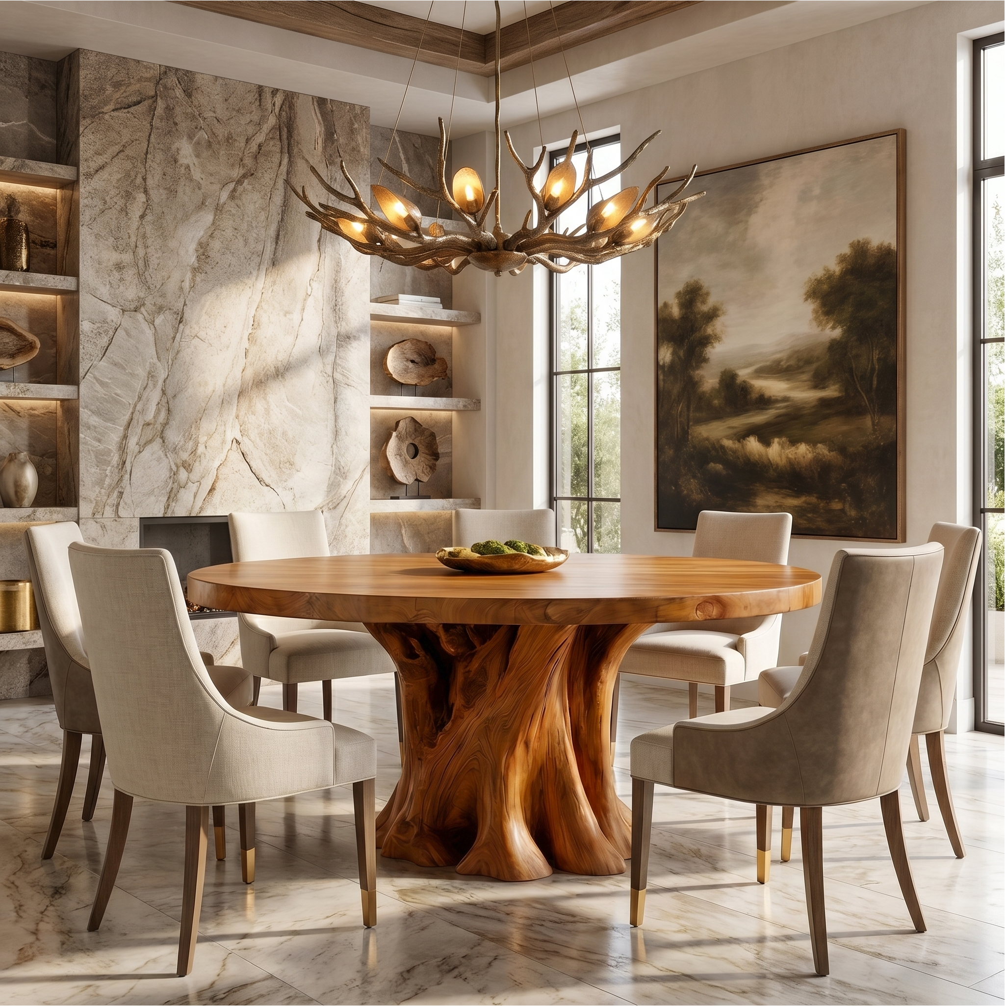 Rustic Round Dining Table With Solid Wood Sculptural Base For Dining Room SINLSADT178