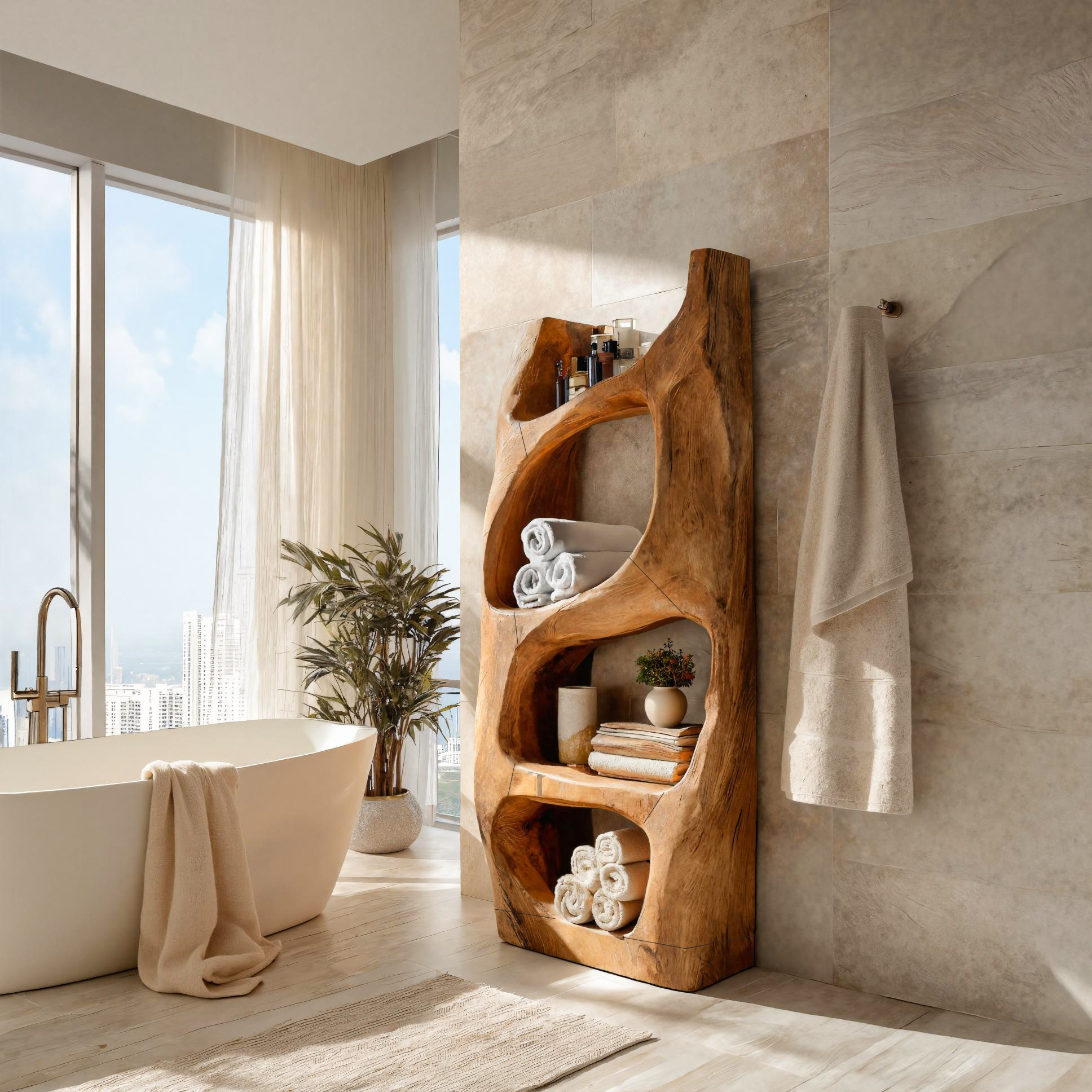 Handcrafted Sculptural Bathroom Shelf For Towels Or Spa Storage SITHTTBAS002