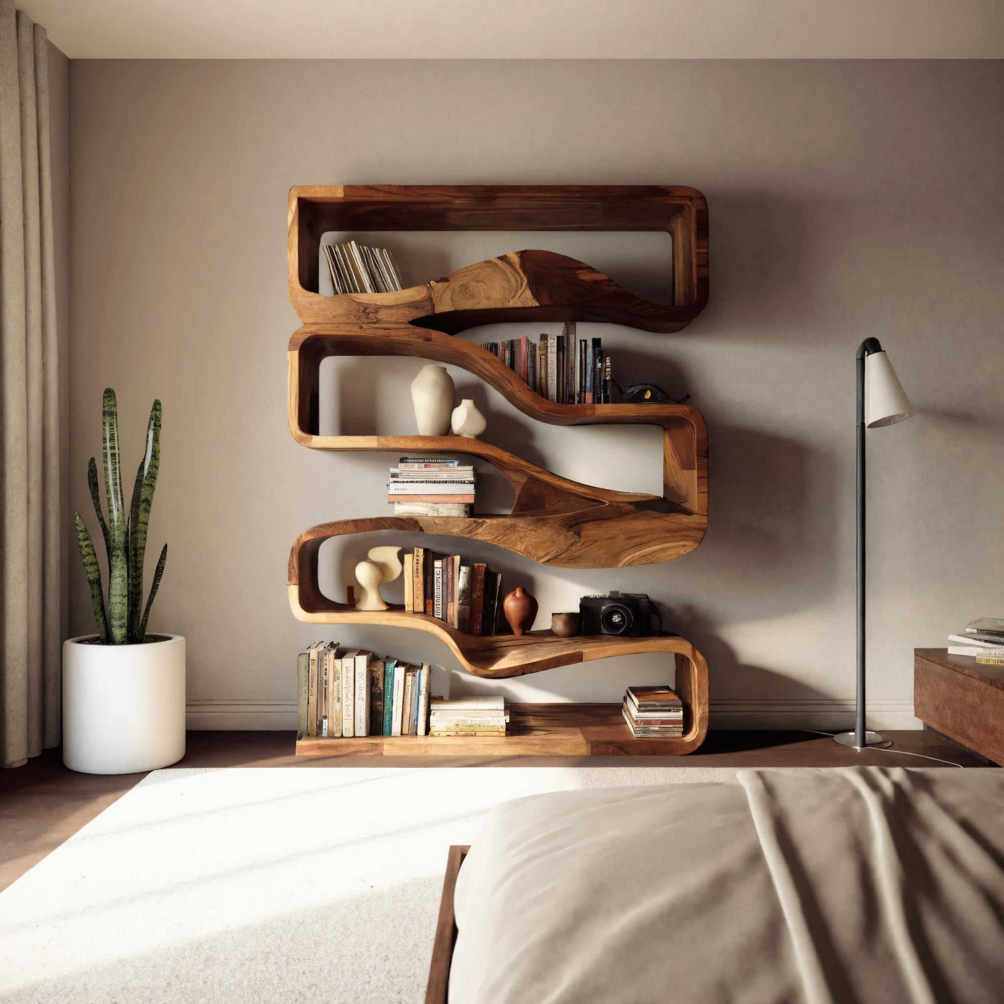 Modern Curved Bookshelf With Flowing Design For Bedroom SITHHNBS033