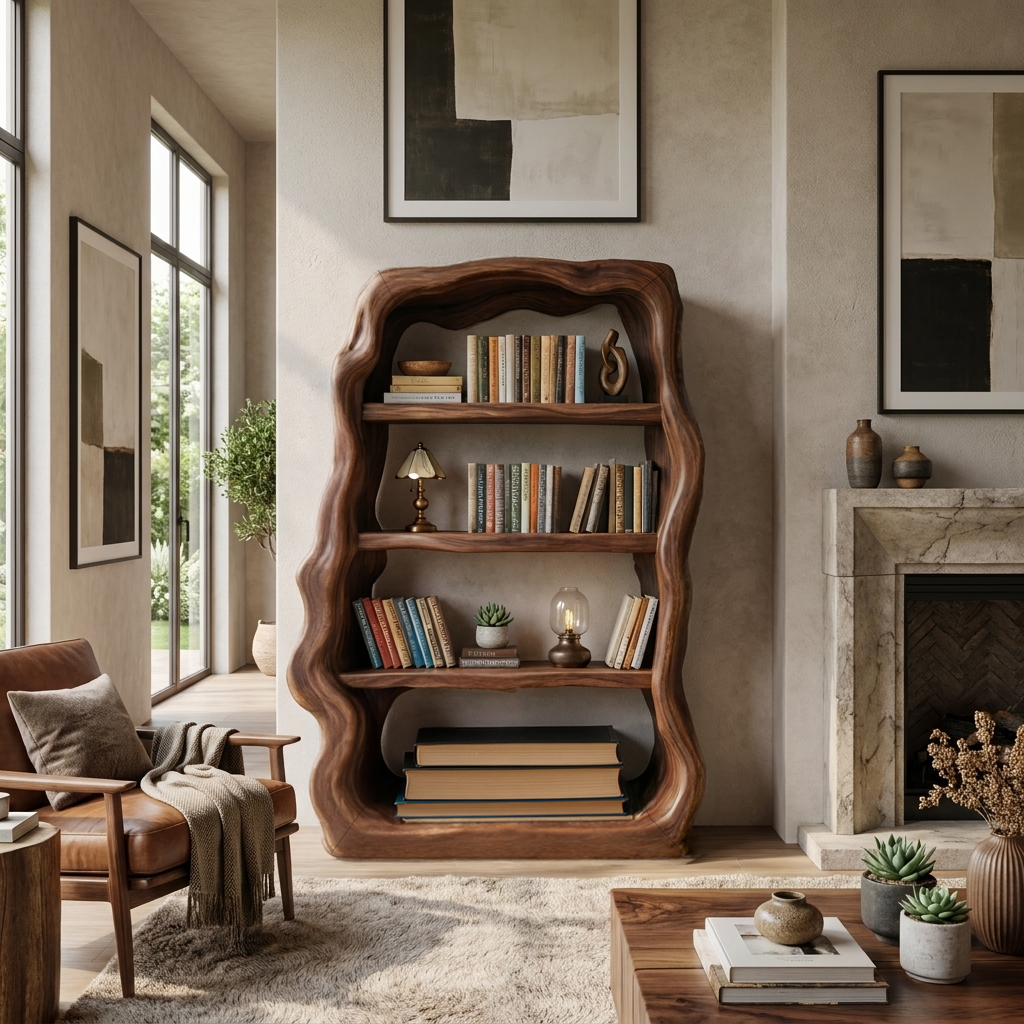 Rustic Sculptural Wooden Bookshelf With Carved Frame For Living Room Or Library SITHTTBS028