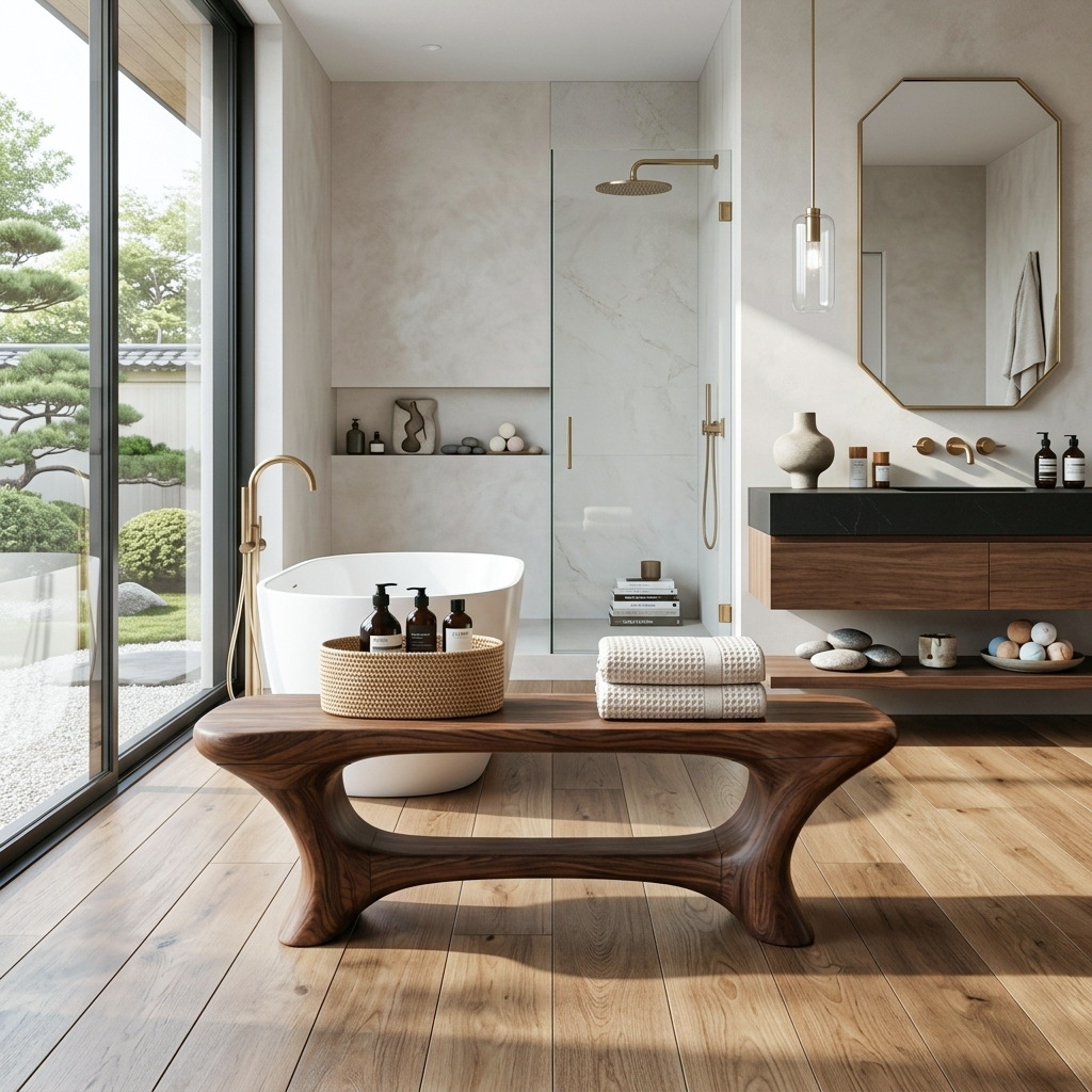 Modern Organic Bathroom Seat With Center Shelf For Bathroom SITHTTSB021