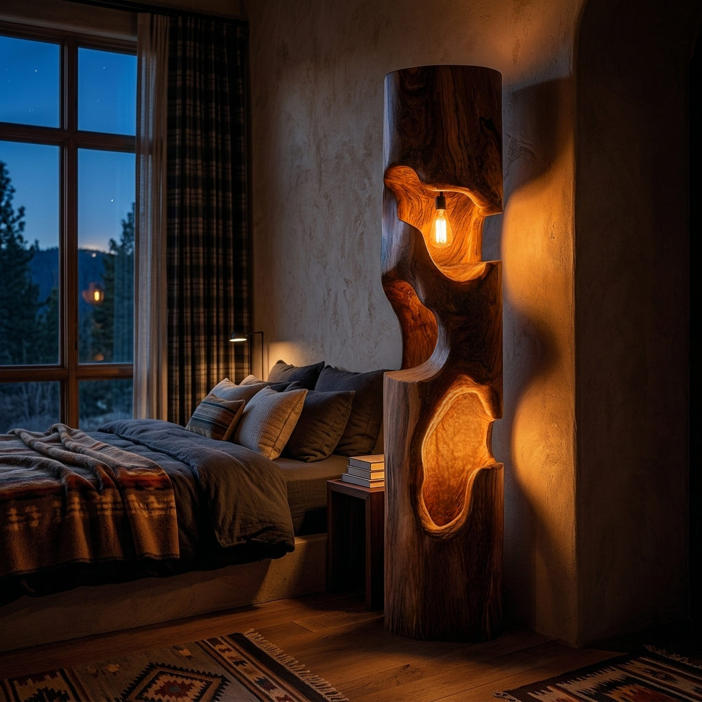 Rustic Wooden Floor Lamp With Sculptural Hollow For Cozy Bedroom RTTHTTLAM052