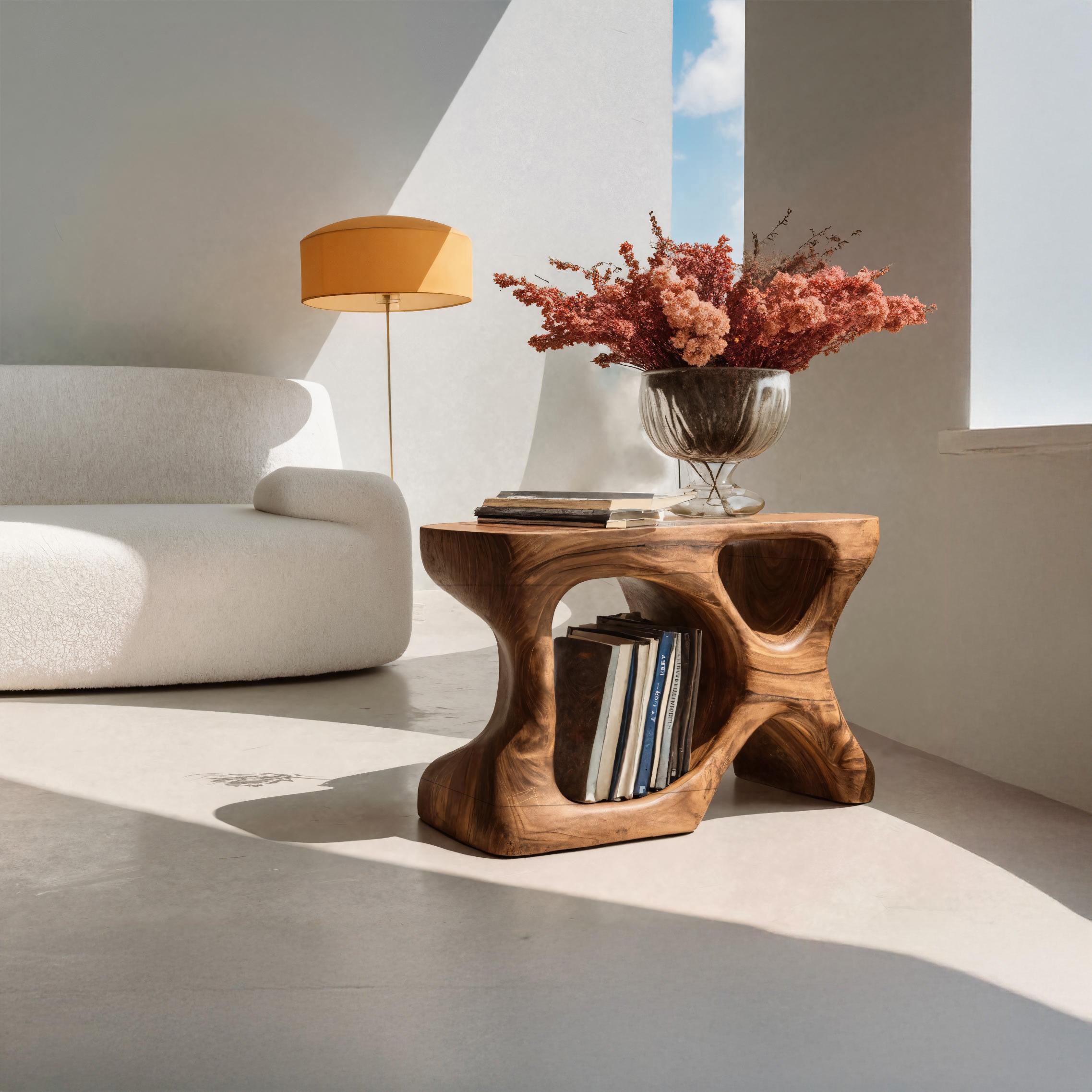 Minimalist Sculptural Wood Side Table With Storage For Living Room RTTHHNSTA017