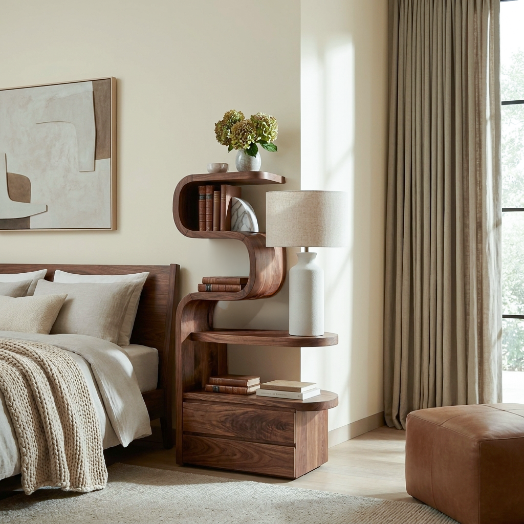 Sculpted Nightstand With Shelves And Drawers For Bedroom SITHTTNS014