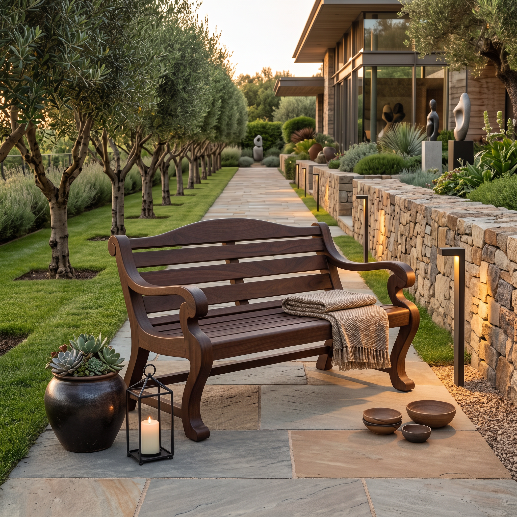 Classic Curved Wood Garden Bench With Sculpted Arms For Patio Or Entryway SITHTTCHR032