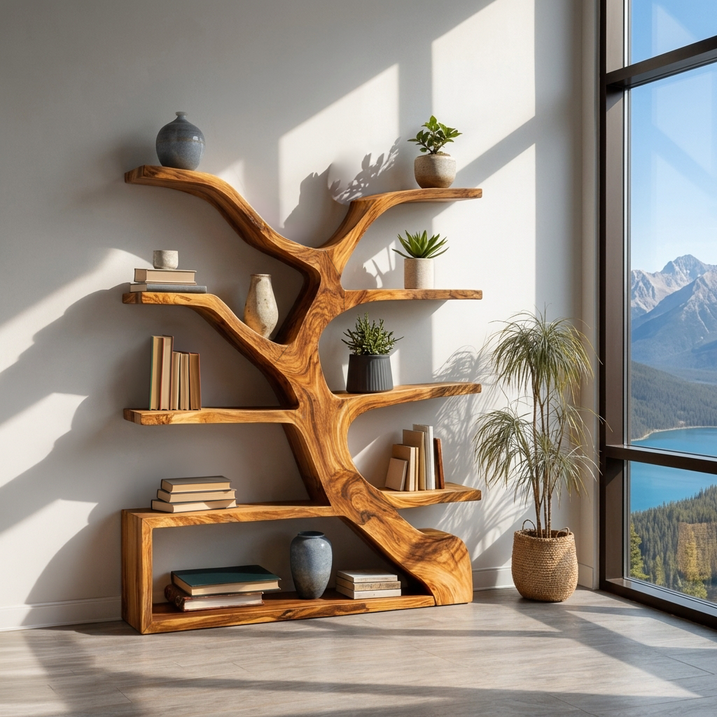 Organic Wooden Bookshelf Branch Form For Home Interior RTTHTTBS113