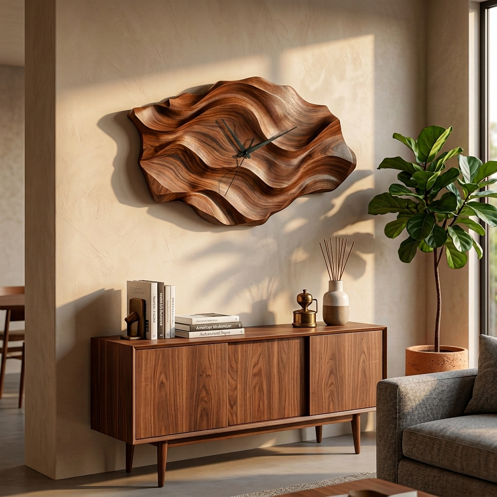 Artistic Wooden Wall Clock Wavy Design For Living Interior RTTHTTWAC012