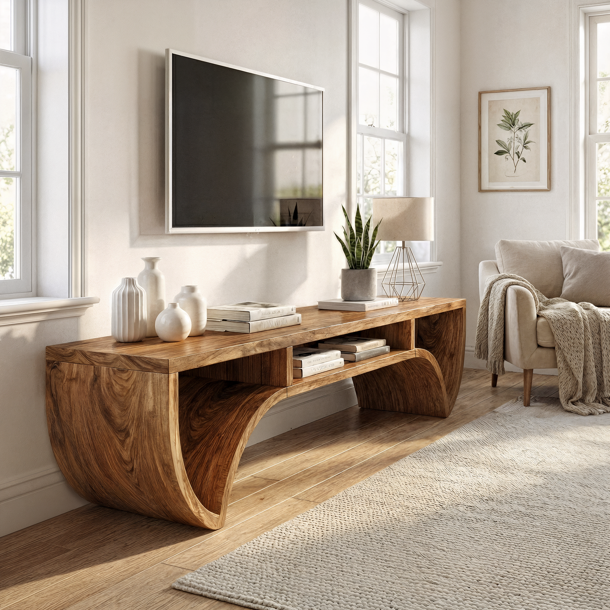 Rustic Solid Wood TV Stand Curved Base Storage Shelf Living Room SINLKITS007