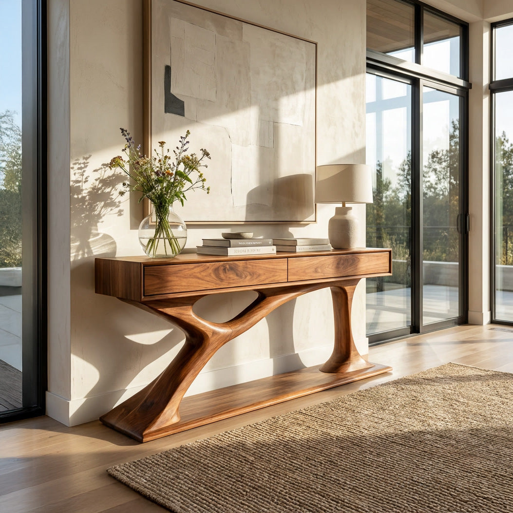 Contemporary Wooden Console Table With Sculptural Base For Living Room RTTHHNCS042