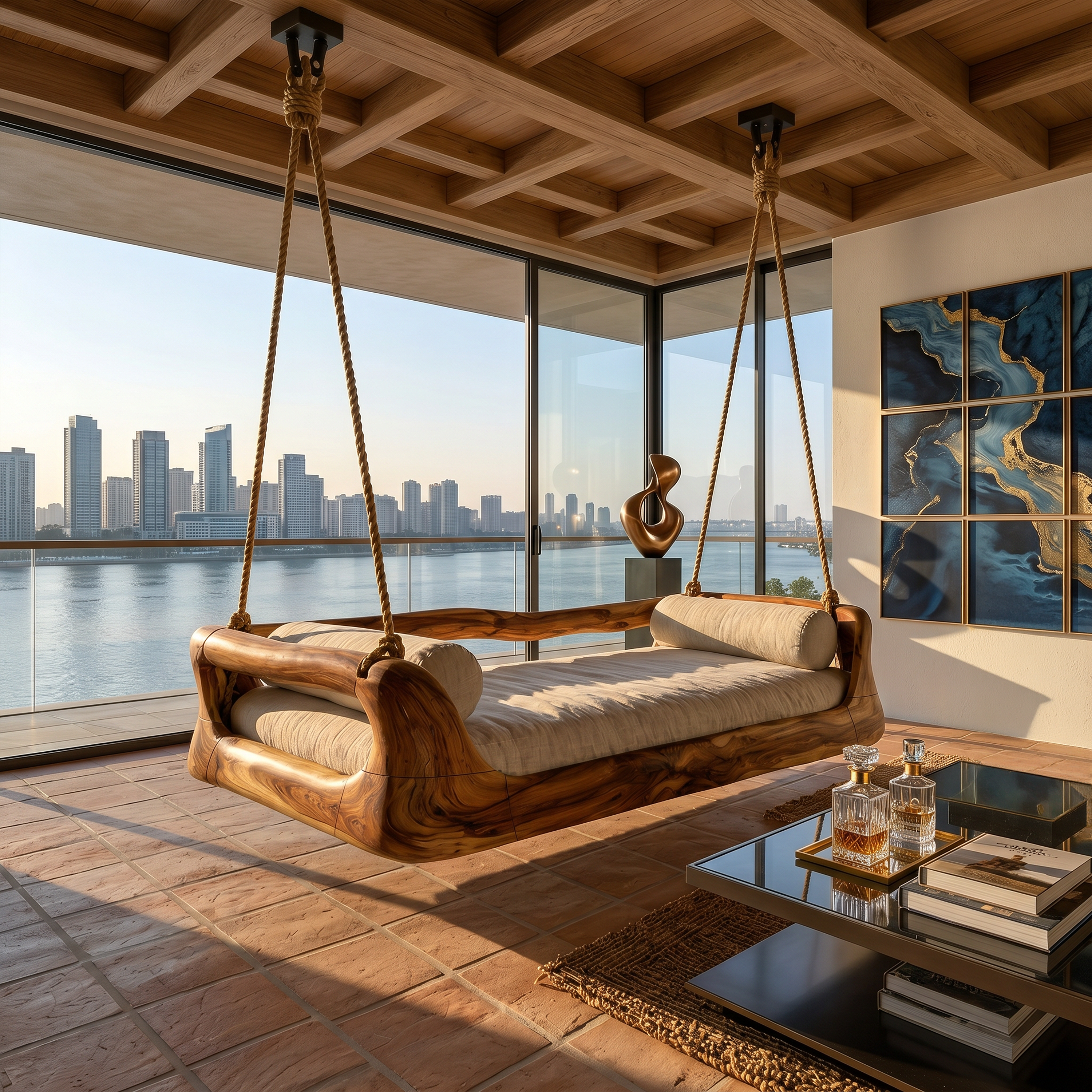 Sculptural Organic Wood Hanging Daybed Swing Penthouse Balcony SILDTTRSWI004