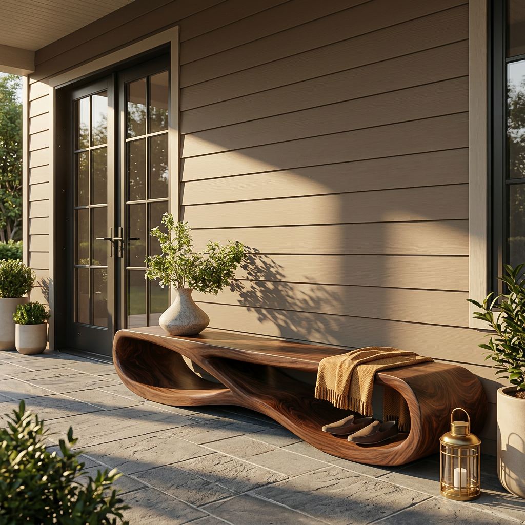 Organic Wooden Bench With Curved Base Form For Entryway Space RTTHTTCHR096