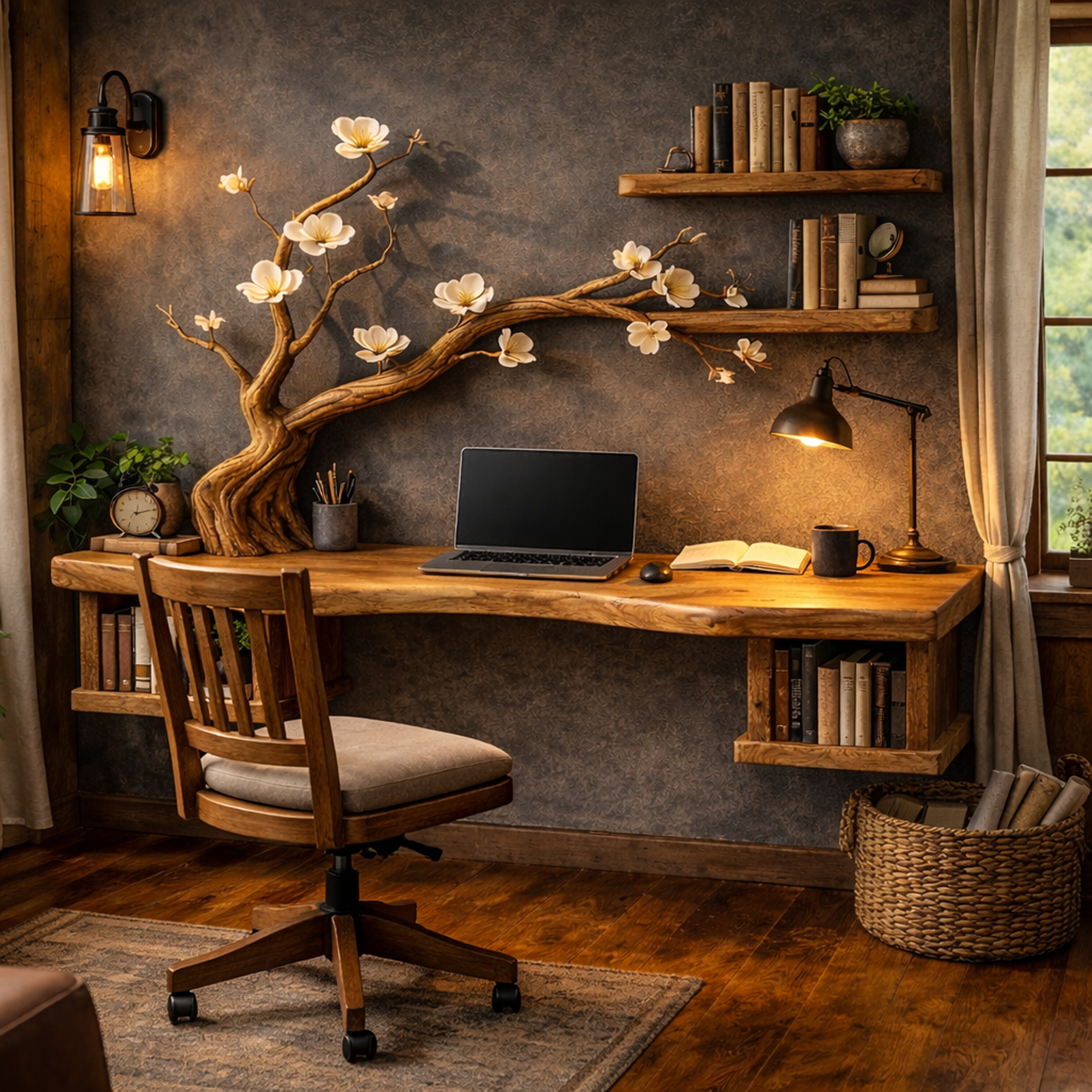 Organic Sculptural Floating Desk With Tree Branch Art For Home Office SINLKIDK087