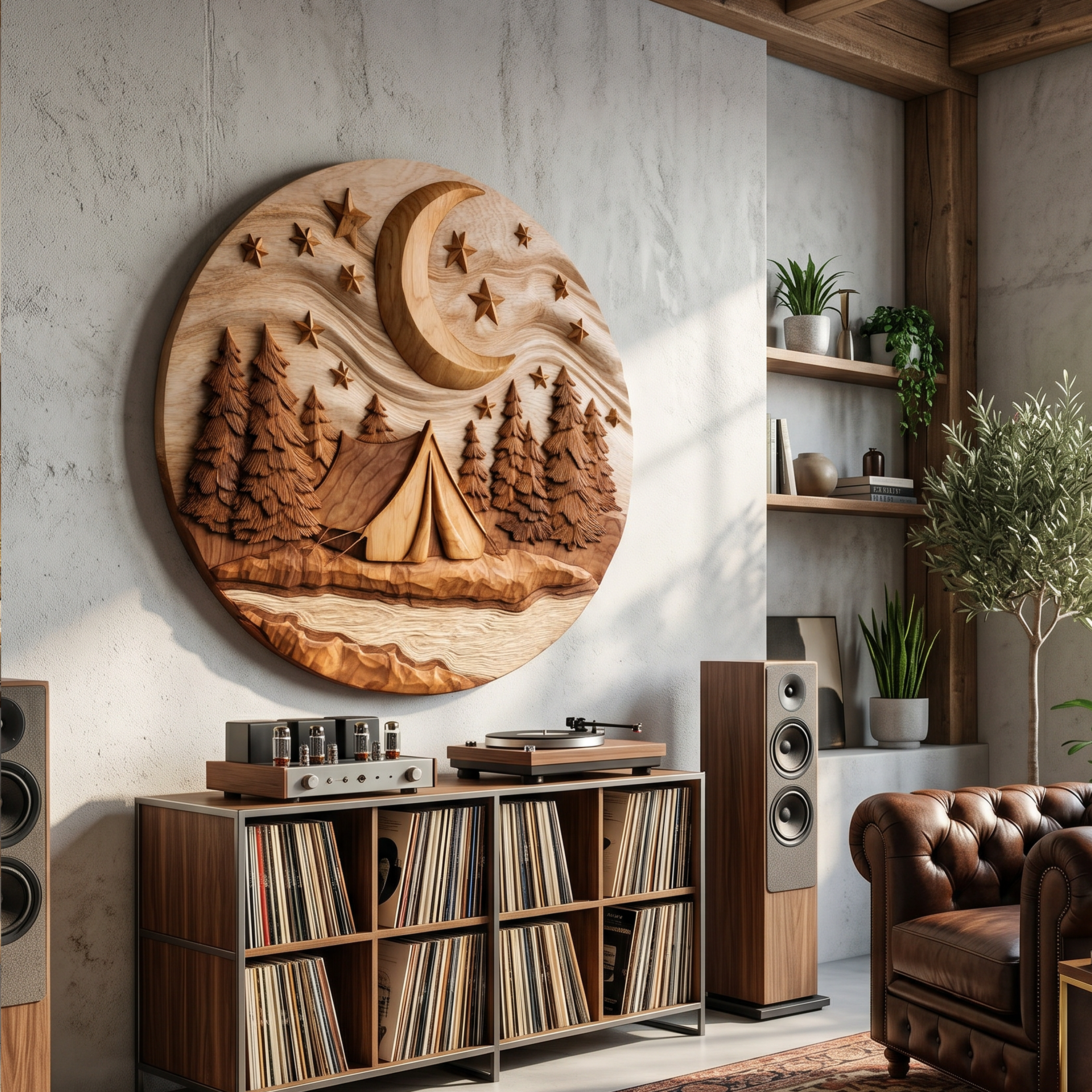 Moonlit Forest Wood Wall Sculpture For Rustic Music Room Decoration SILDTTRWA084