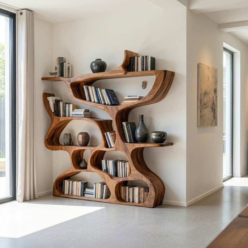 Modern Bookshelf With Organic Carved Design For Living Room Or Office SITHHNBS036