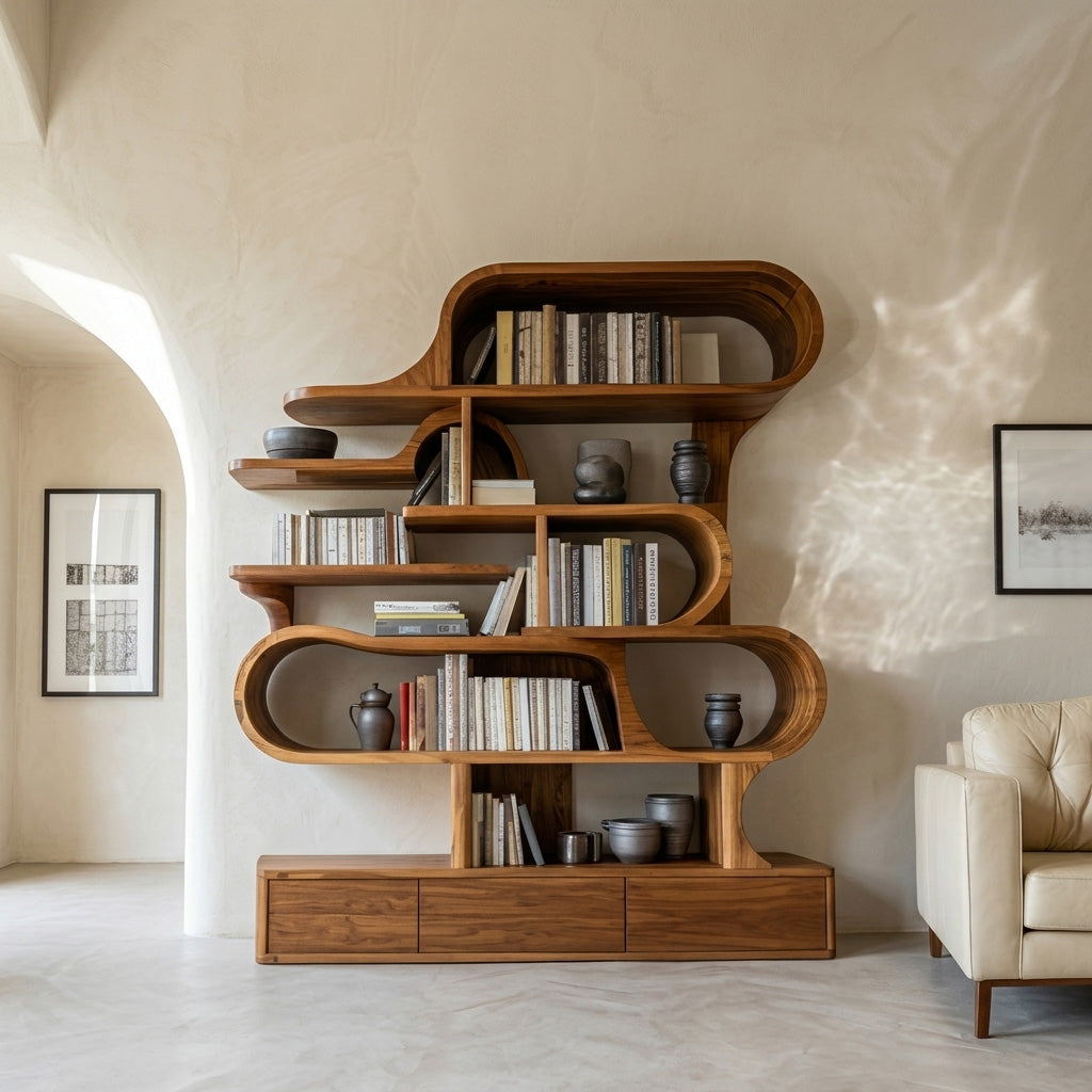 Modern Sculptural Bookshelf With Curved Design For Living Room Or Office SITHHNBS035